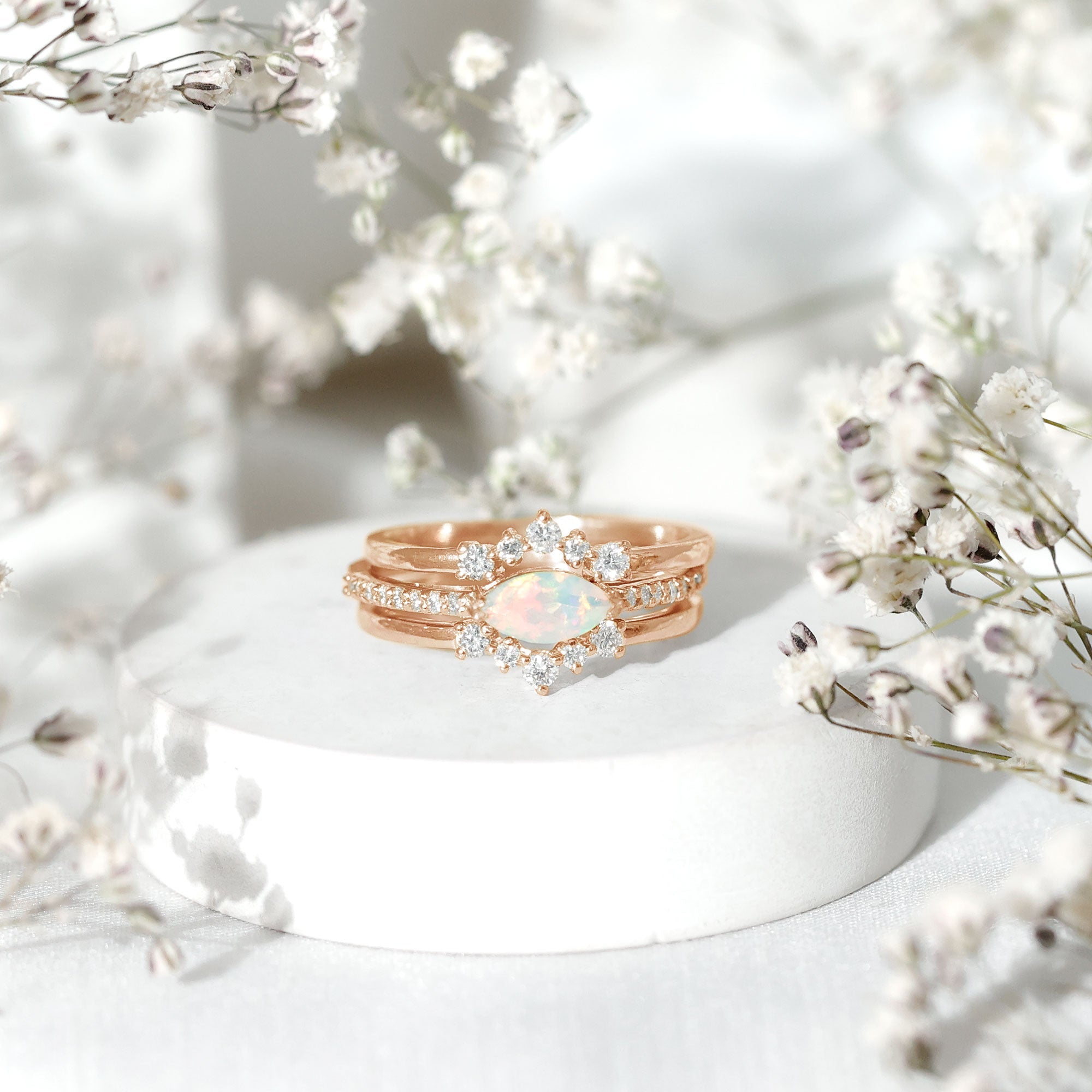 Certified Real Ethiopian Opal Diamond Wedding Bridal Ring Set of 3