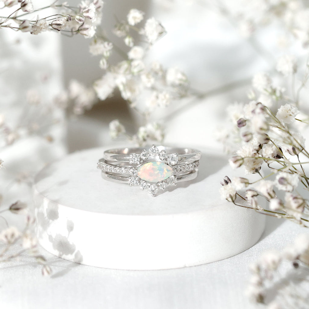 Certified Real Ethiopian Opal Diamond Wedding Bridal Ring Set of 3