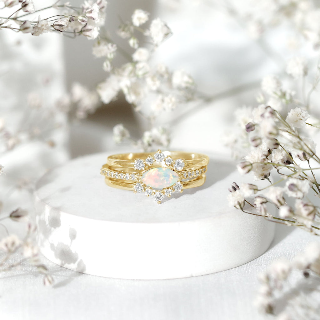 Certified Real Ethiopian Opal Diamond Wedding Bridal Ring Set of 3
