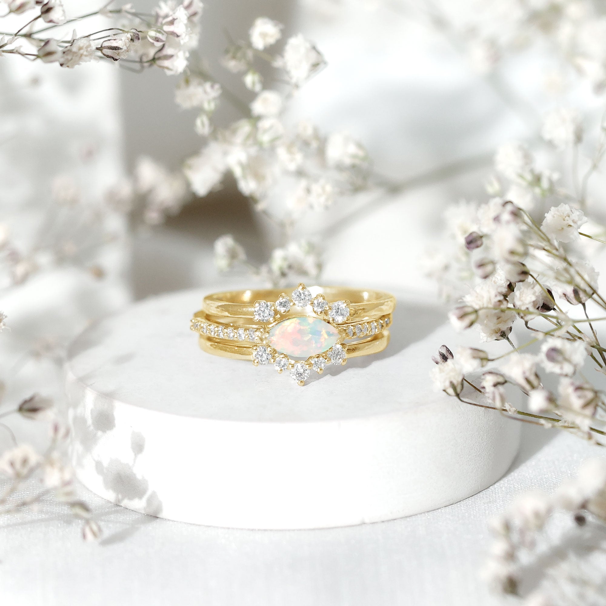 Certified Real Ethiopian Opal Diamond Wedding Bridal Ring Set of 3