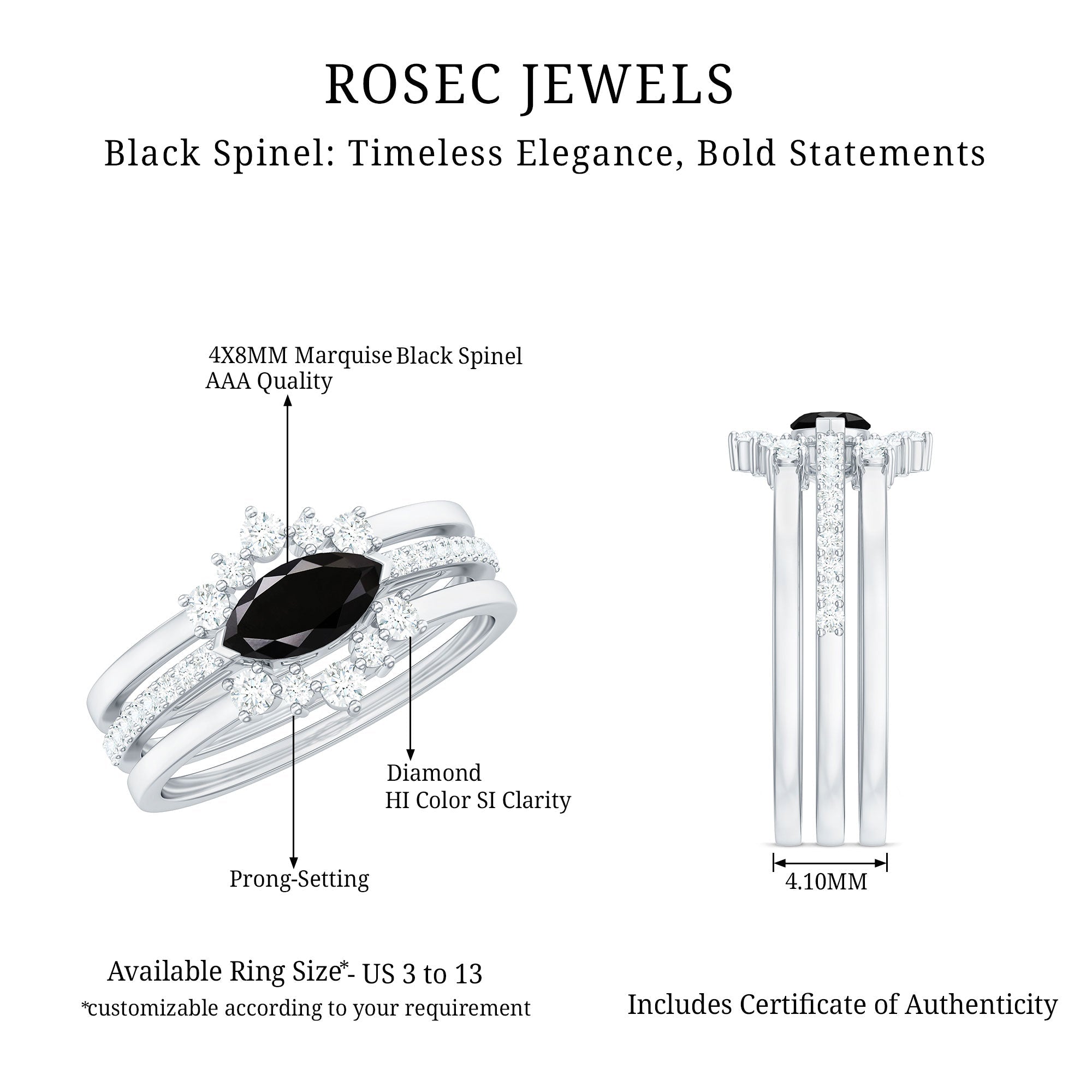 Natural Marquise Black Spinel Diamond 3 Piece Bridal Ring Set