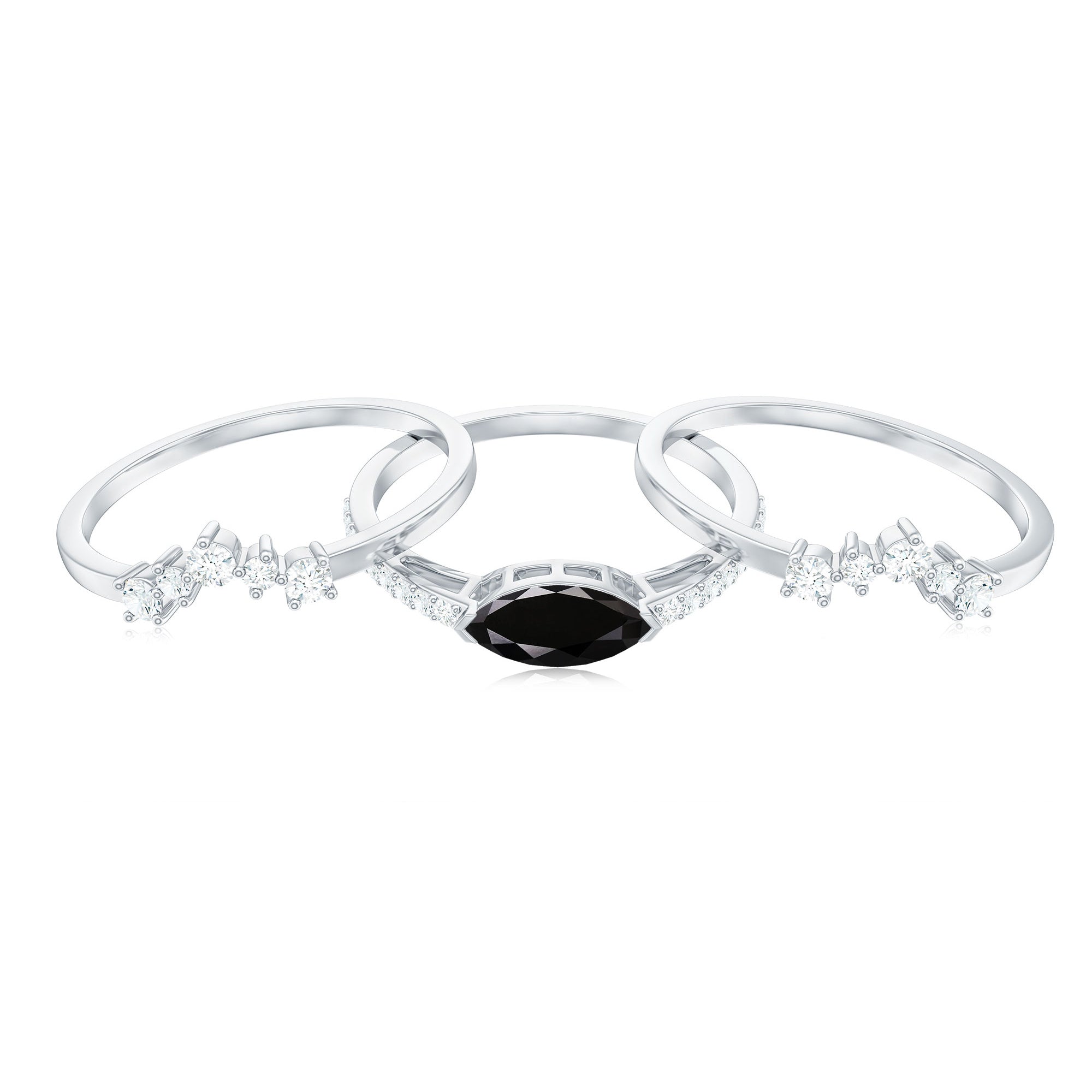 Natural Marquise Black Spinel Diamond 3 Piece Bridal Ring Set