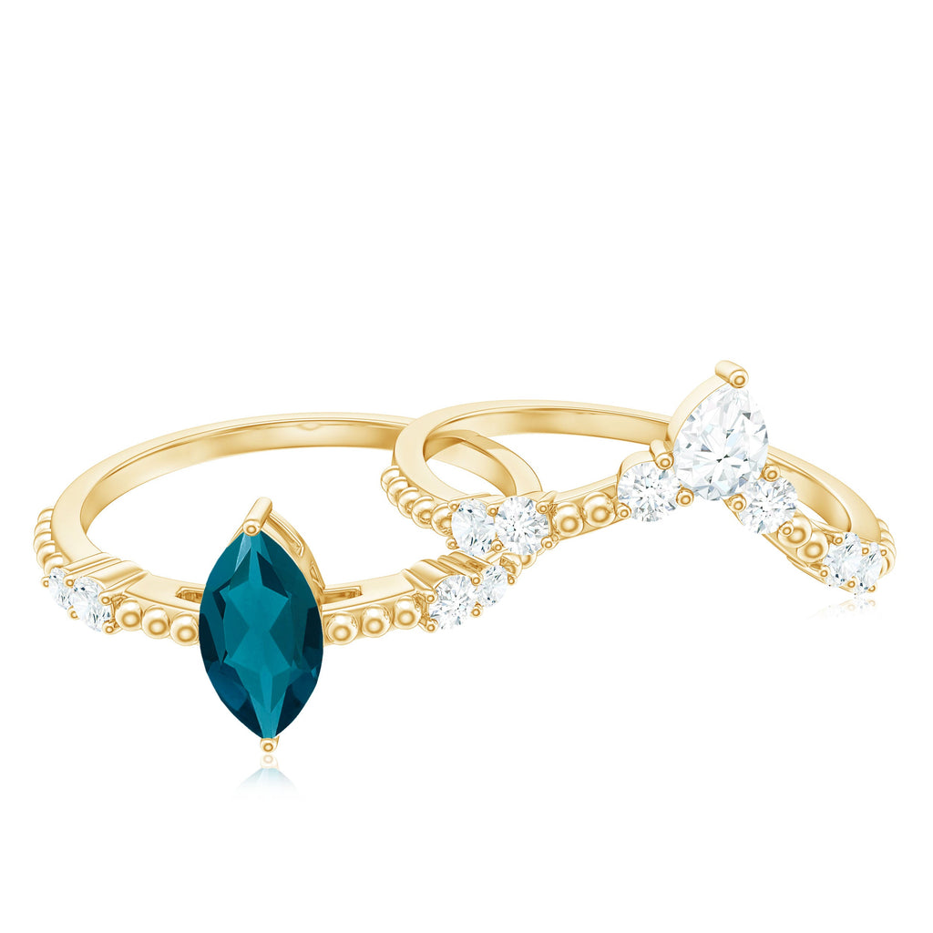 London Blue Topaz and Diamond Wedding Ring Set with Beaded Details