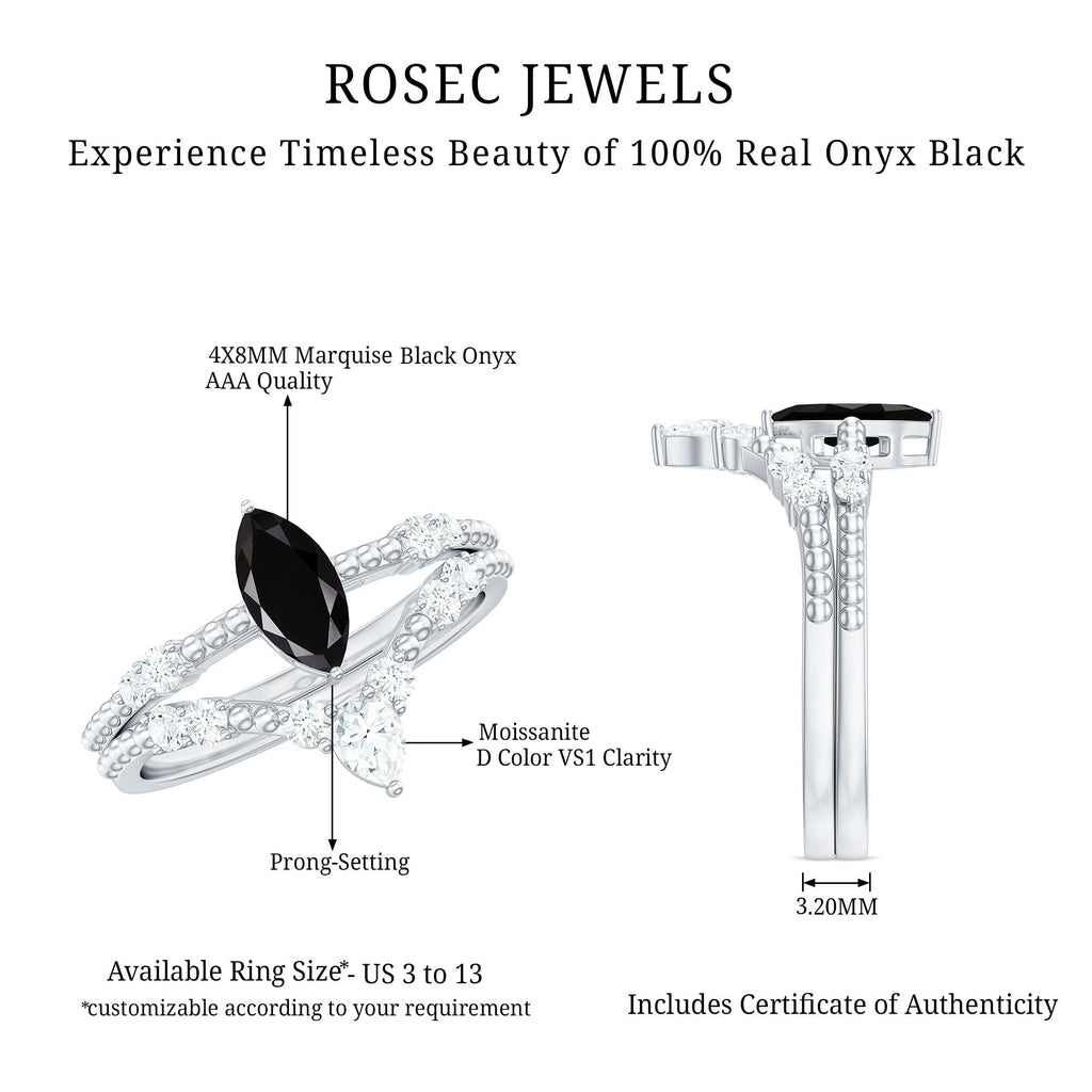 4x8mm Marquise Cut Black Onyx Solitaire Ring Set with Moissanite Band