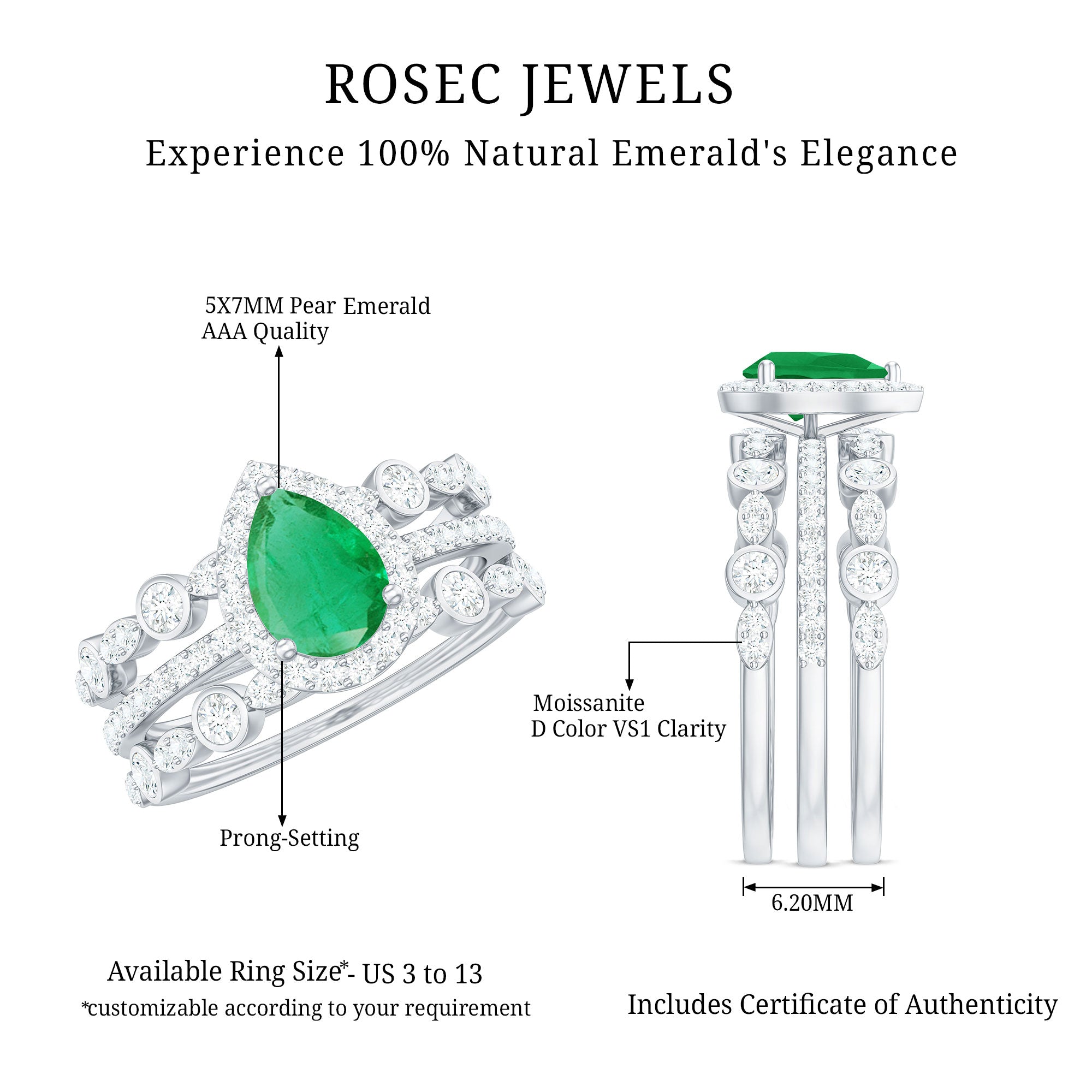 Natural Emerald Teardrop Engagement Ring and Wedding Band Set of 3