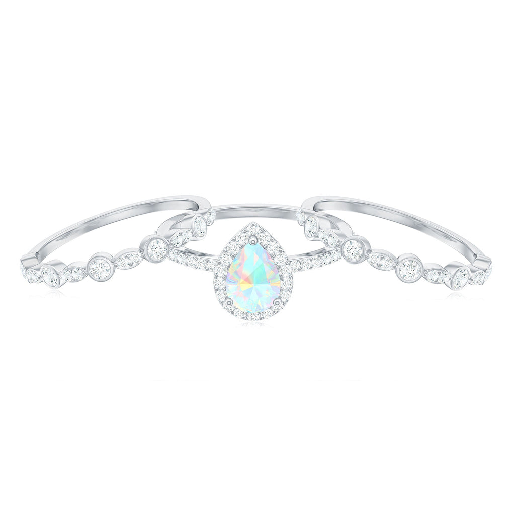 Genuine Vintage Style Opalescent Teardrop Engagement Wedding Ring Set of 3