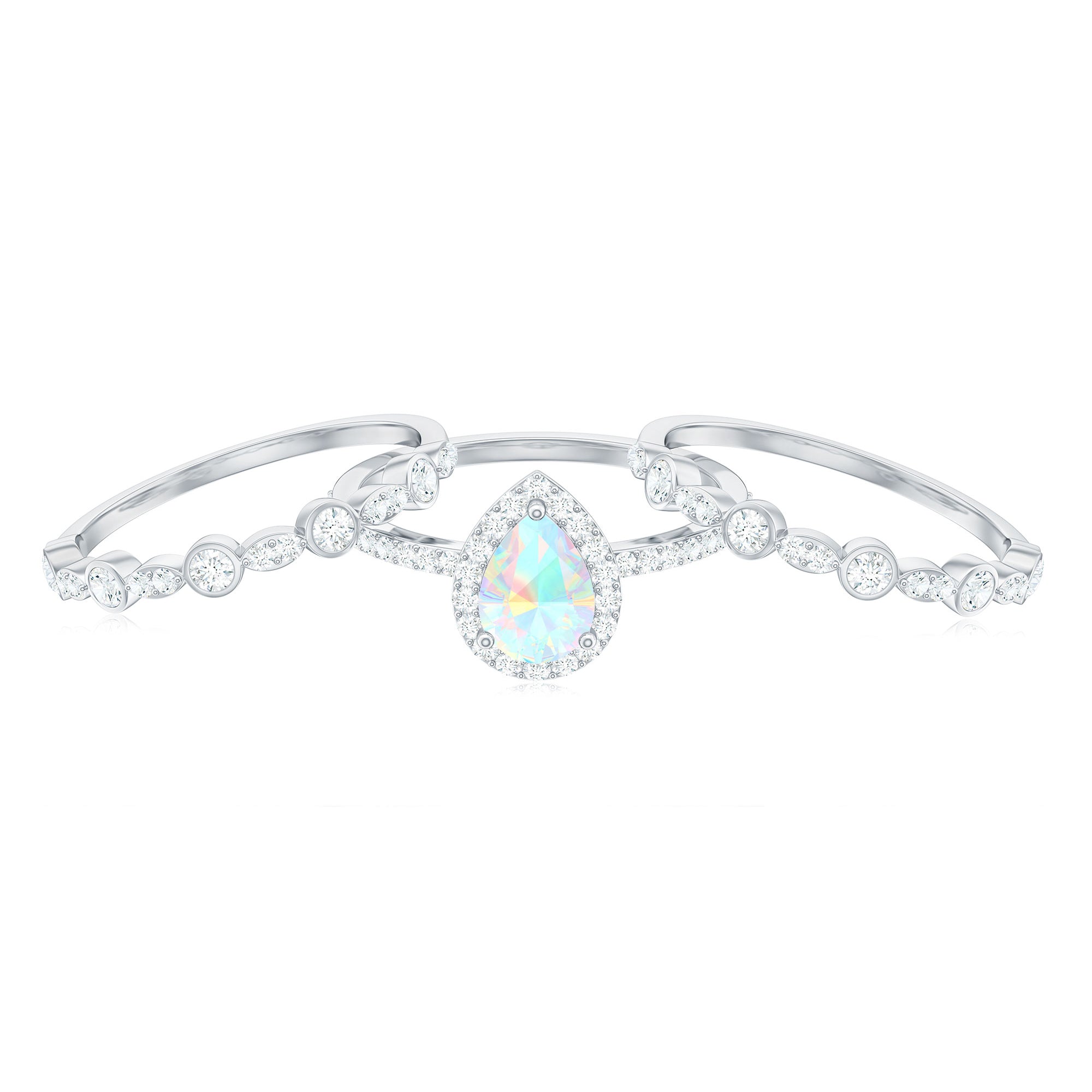 Genuine Vintage Style Opalescent Teardrop Engagement Wedding Ring Set of 3