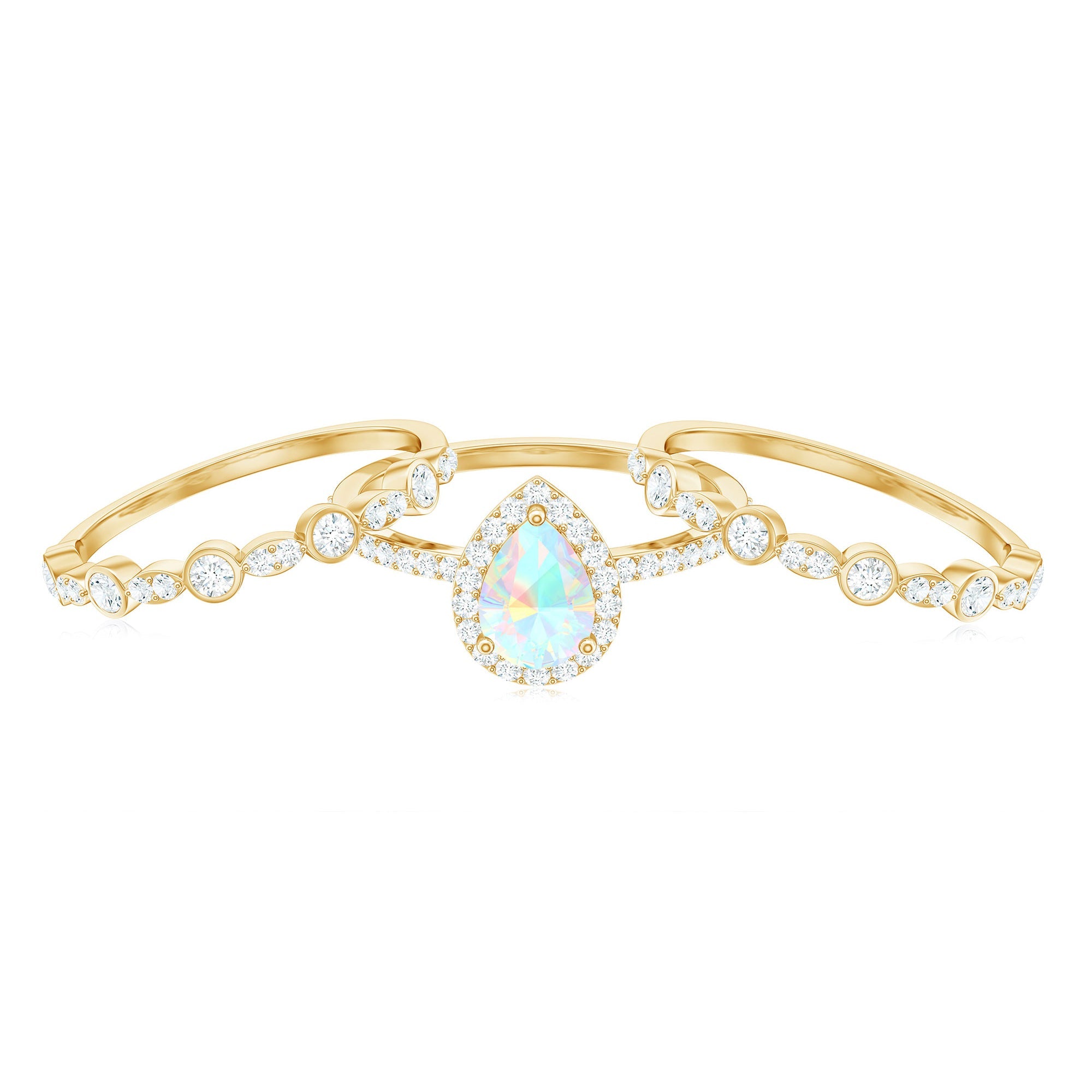 Genuine Vintage Style Opalescent Teardrop Engagement Wedding Ring Set of 3