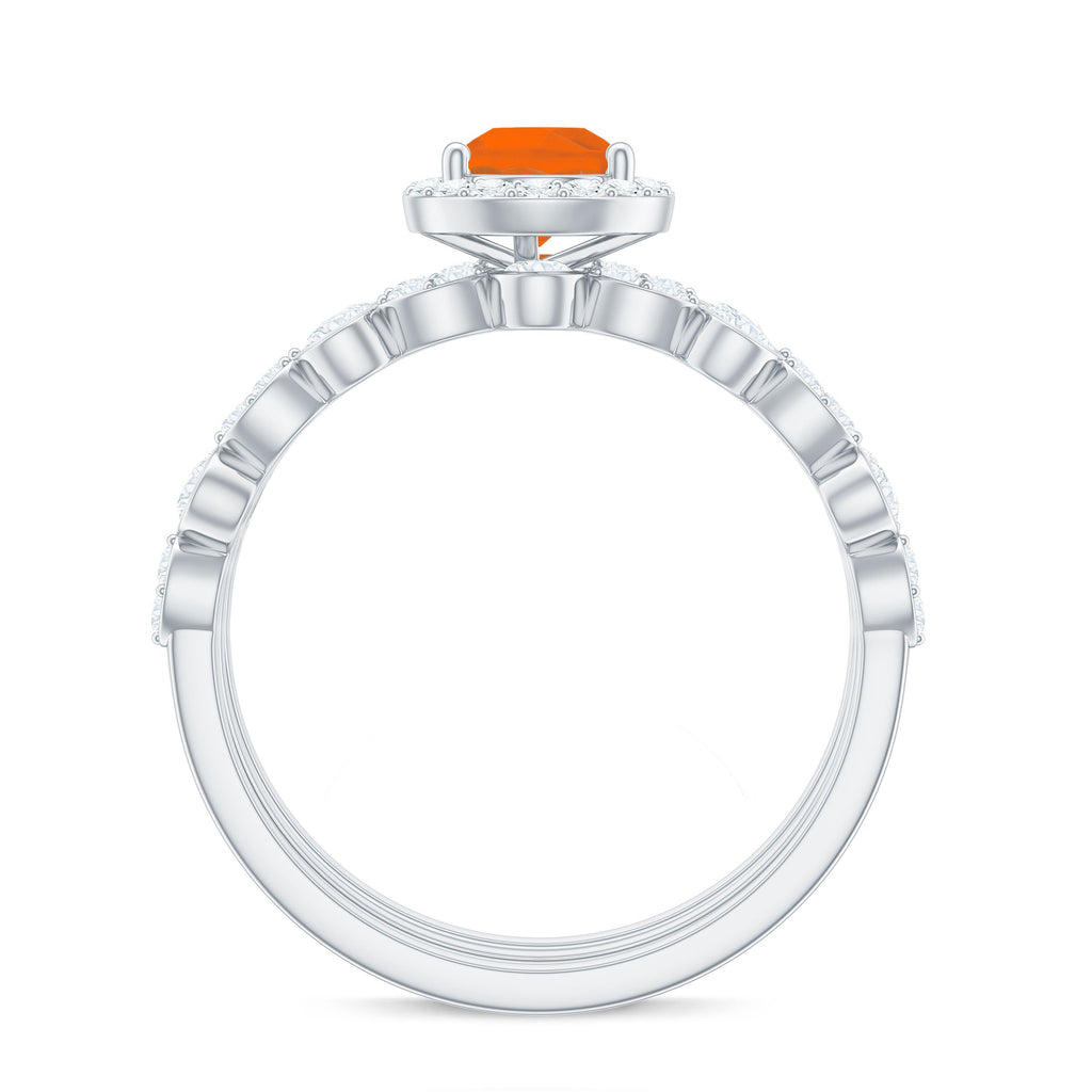 Pear Cut Fire Opal Bridal Trio Ring Set with Moissanite Band