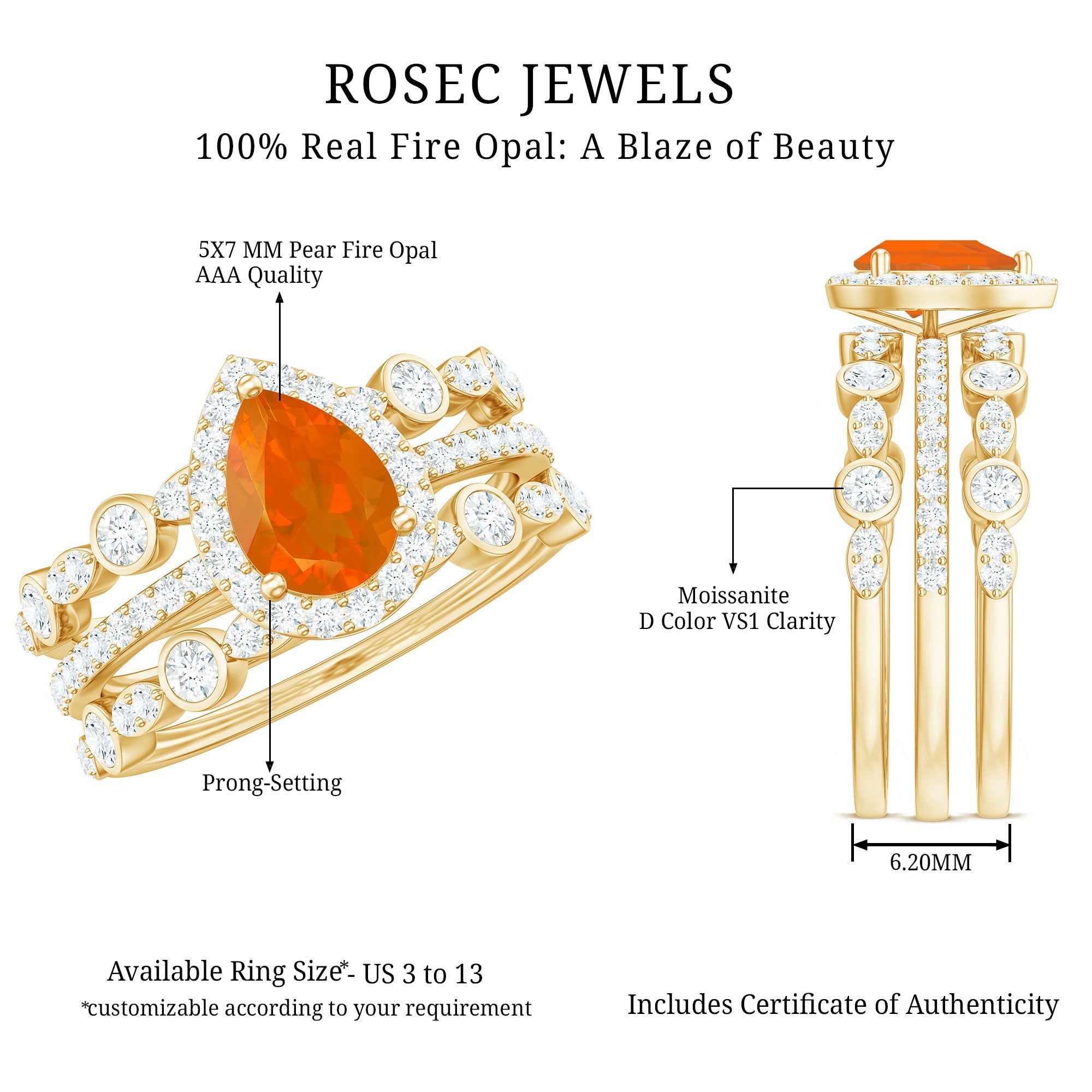 Pear Cut Fire Opal Bridal Trio Ring Set with Moissanite Band