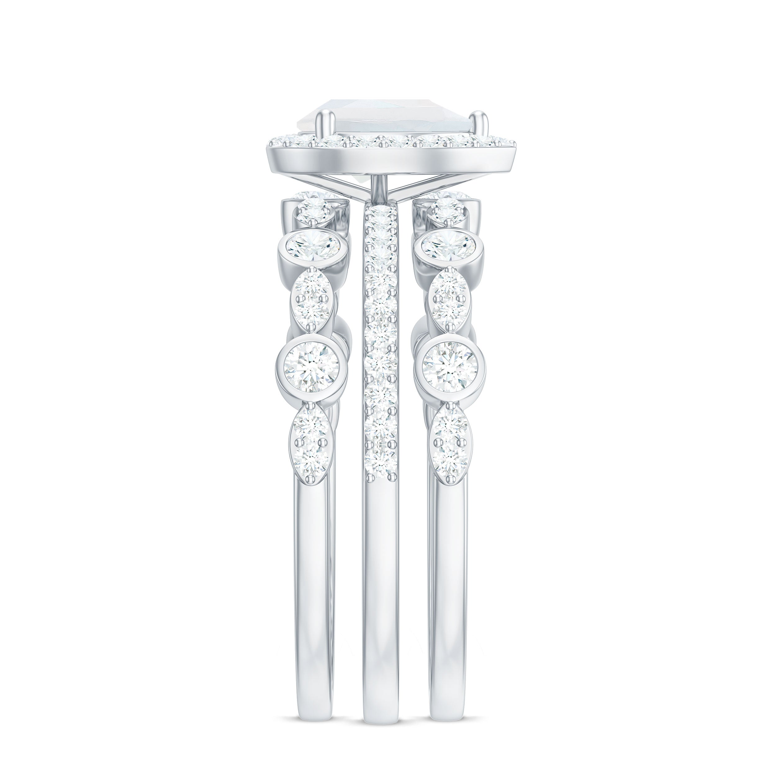 Pear Cut Moonstone Bridal Trio Ring Set with Moissanite Band