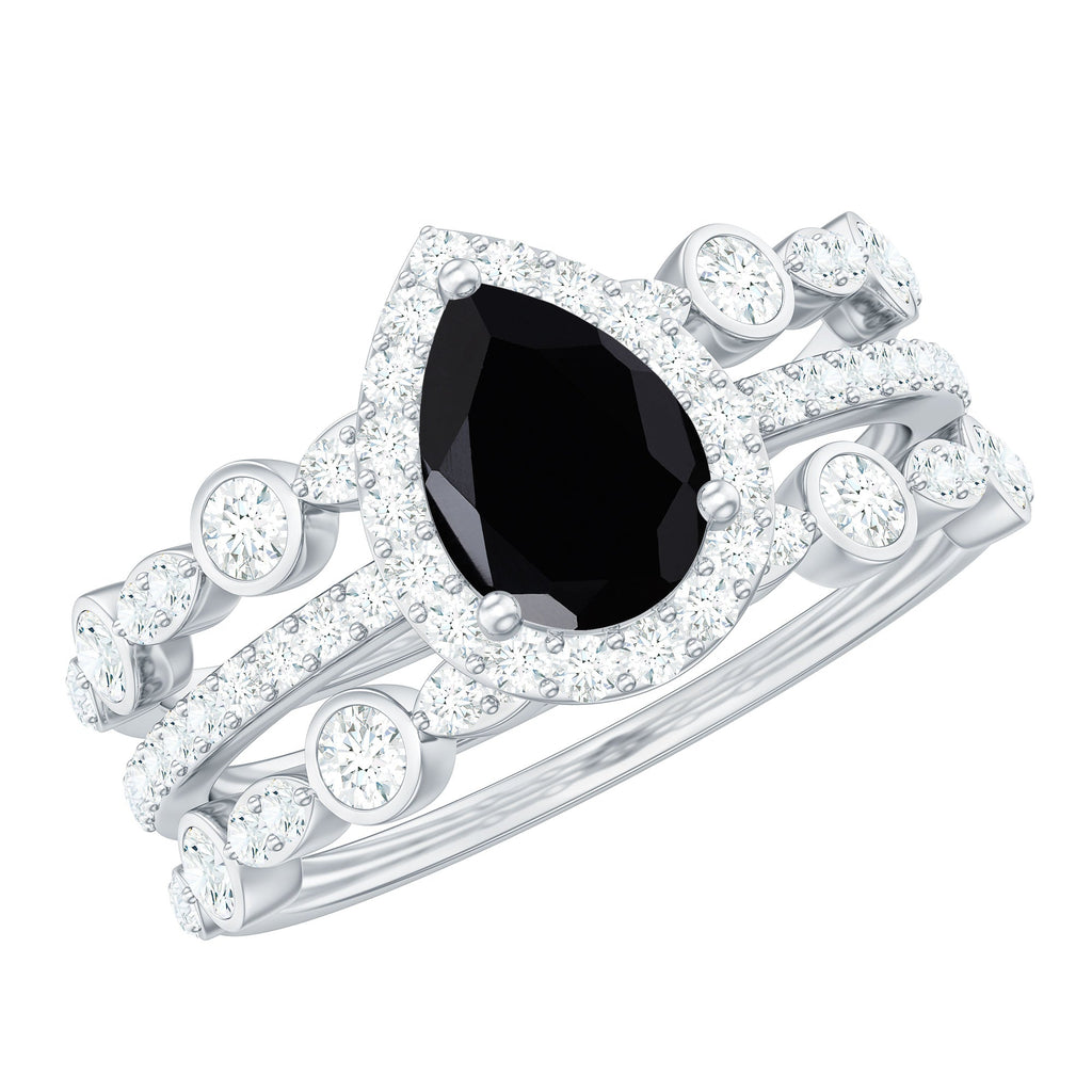 6x8mm Pear Cut Black Onyx Statement Ring Set with Moissanite Bands