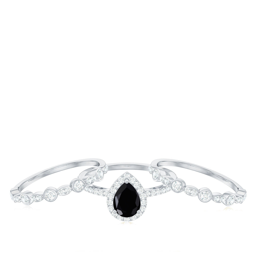 6x8mm Pear Cut Black Onyx Statement Ring Set with Moissanite Bands