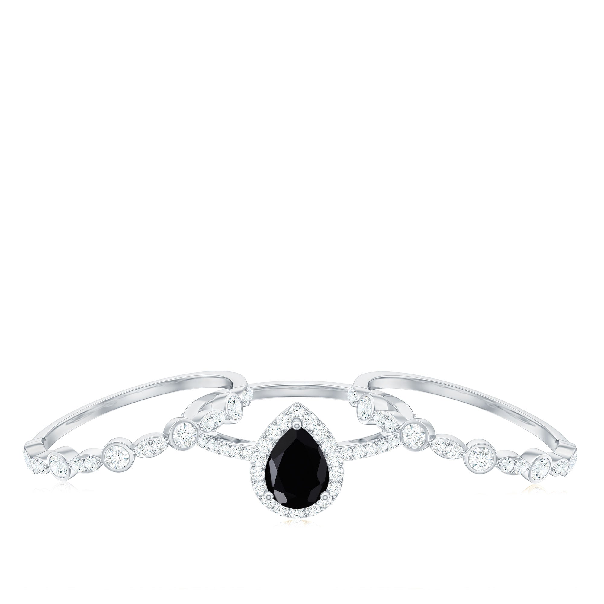 6x8mm Pear Cut Black Onyx Statement Ring Set with Moissanite Bands