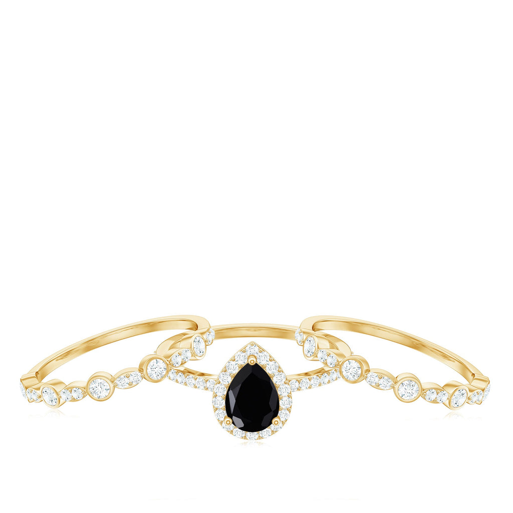 6x8mm Pear Cut Black Onyx Statement Ring Set with Moissanite Bands