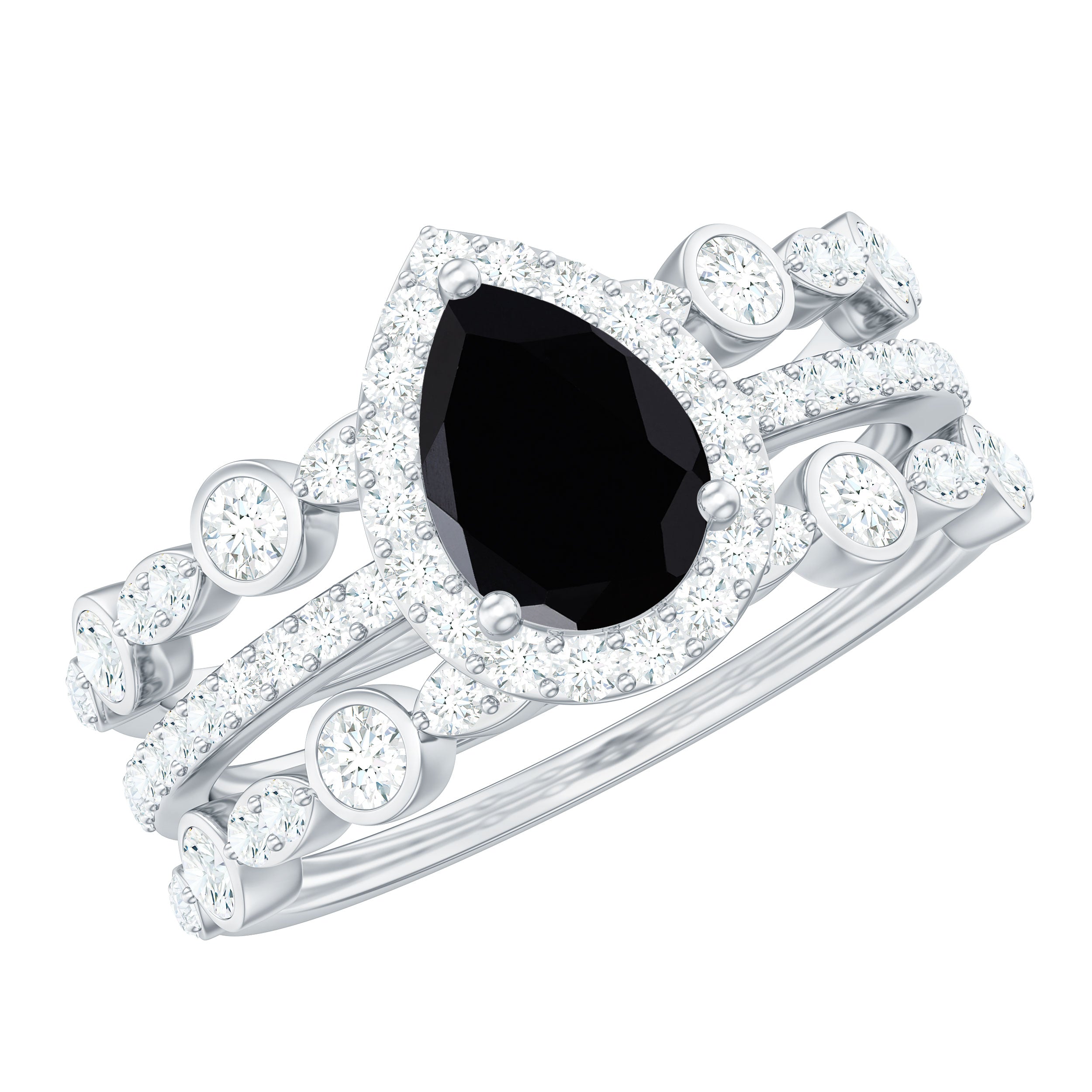 Natural Pear Shape Black Spinel Moissanite Bridal Ring Set of 3