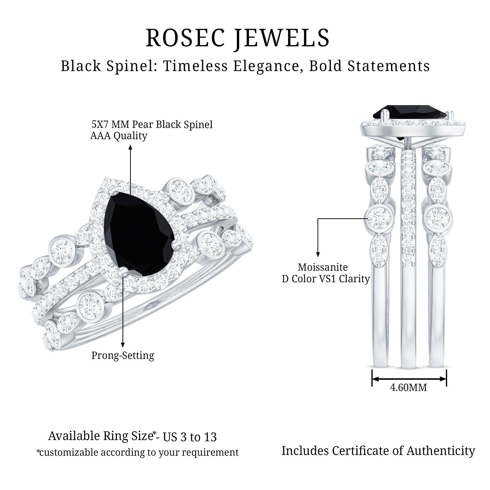 Natural Pear Shape Black Spinel Moissanite Bridal Ring Set of 3