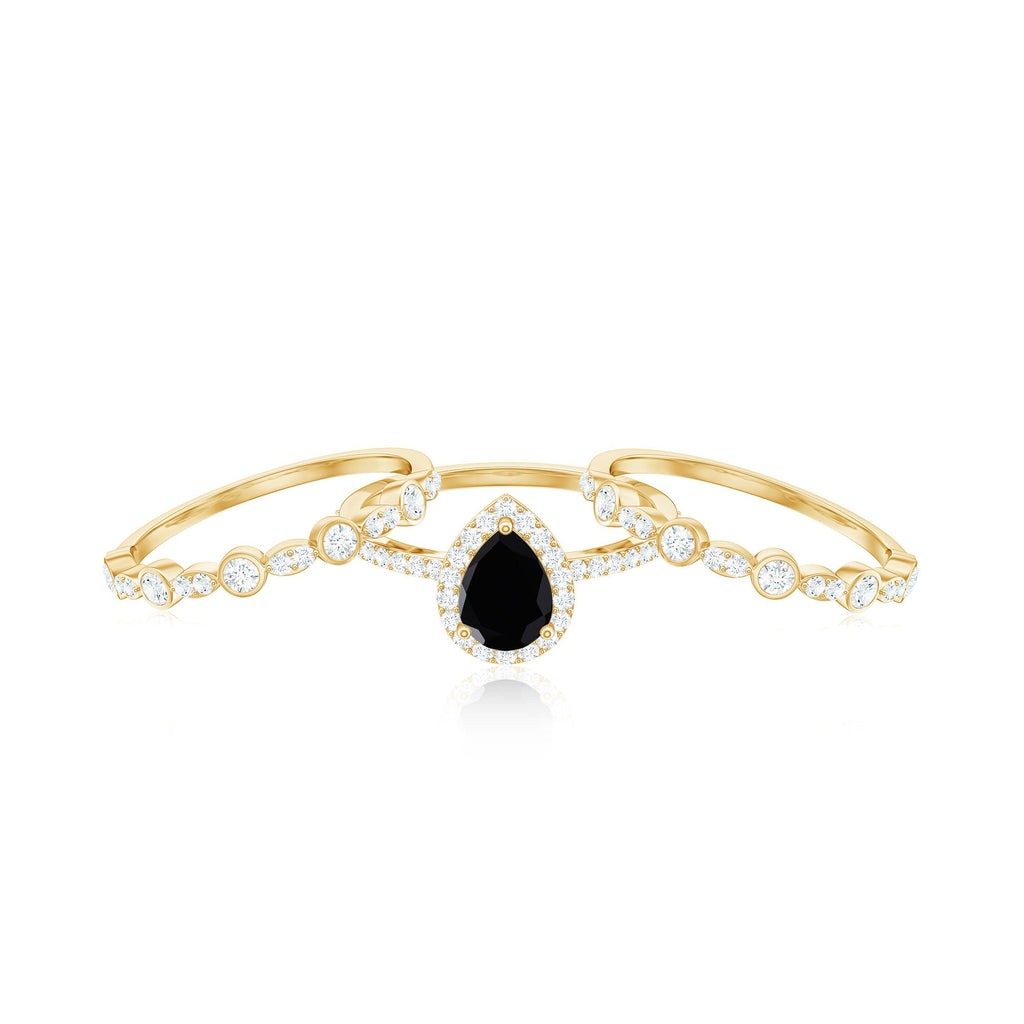 Natural Pear Shape Black Spinel Moissanite Bridal Ring Set of 3