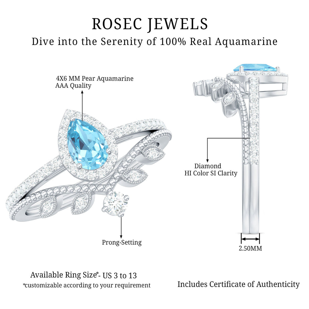 Aquamarine Vintage Teardrop Wedding Ring Set with Diamond