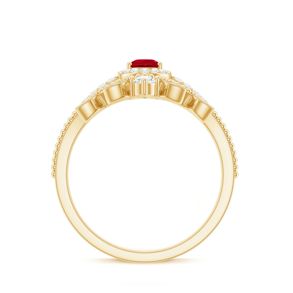 Ruby Vintage Teardrop Wedding Ring Set with Diamond