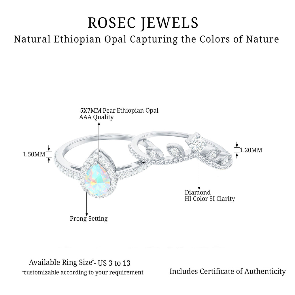 Vintage Inspired Ethiopian Opal Diamond Designer Bridal Ring Set