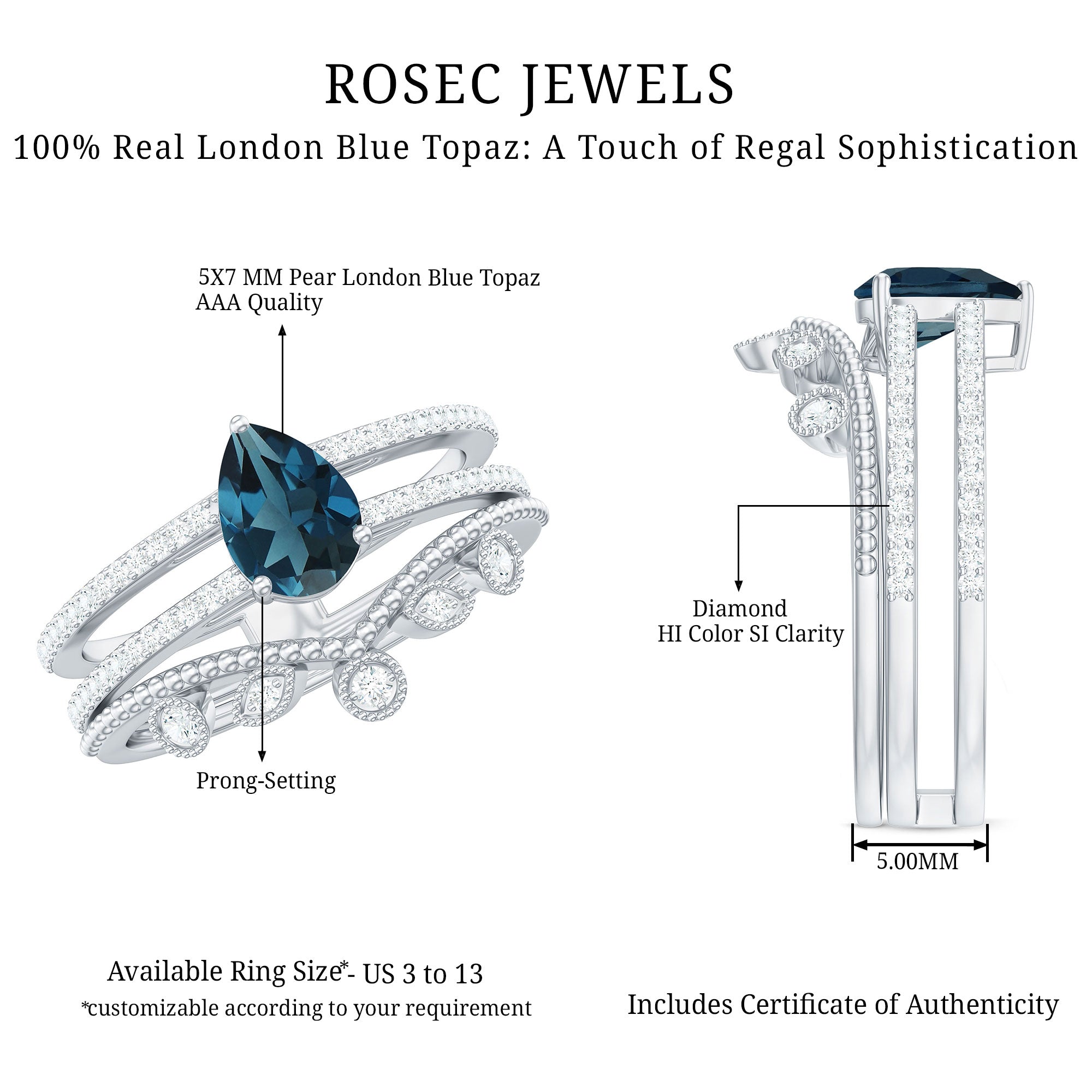 Pear London Blue Topaz Double Band Engagement Ring with Diamond Enhancer