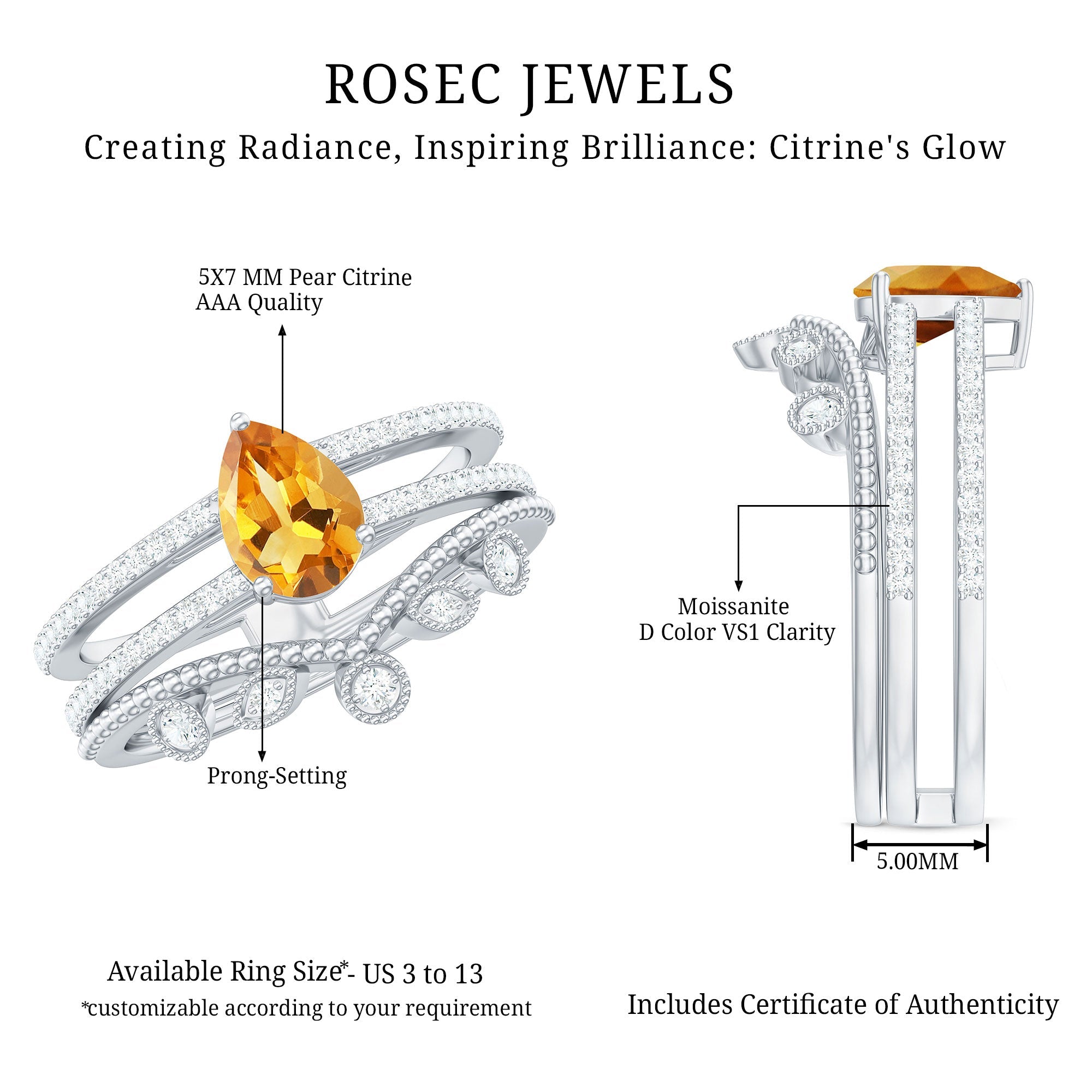 Natural Citrine Double Band Engagement Ring with Enhancer