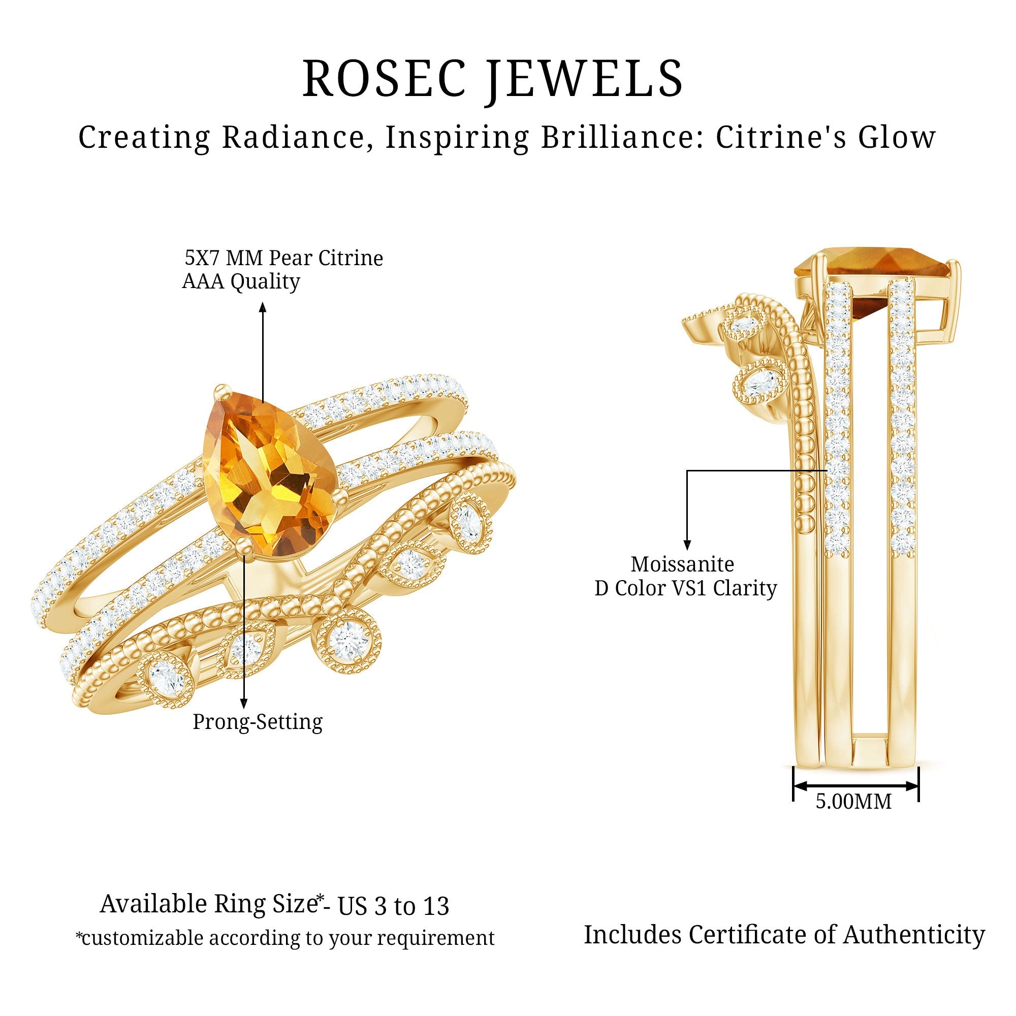 Natural Citrine Double Band Engagement Ring with Enhancer