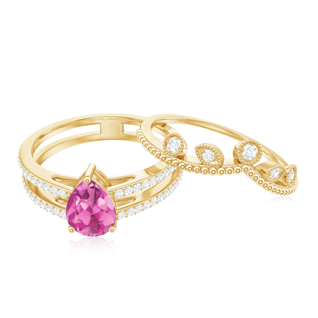 Pear Cut Real Pink tourmaline and Moissanite Wedding Ring Set
