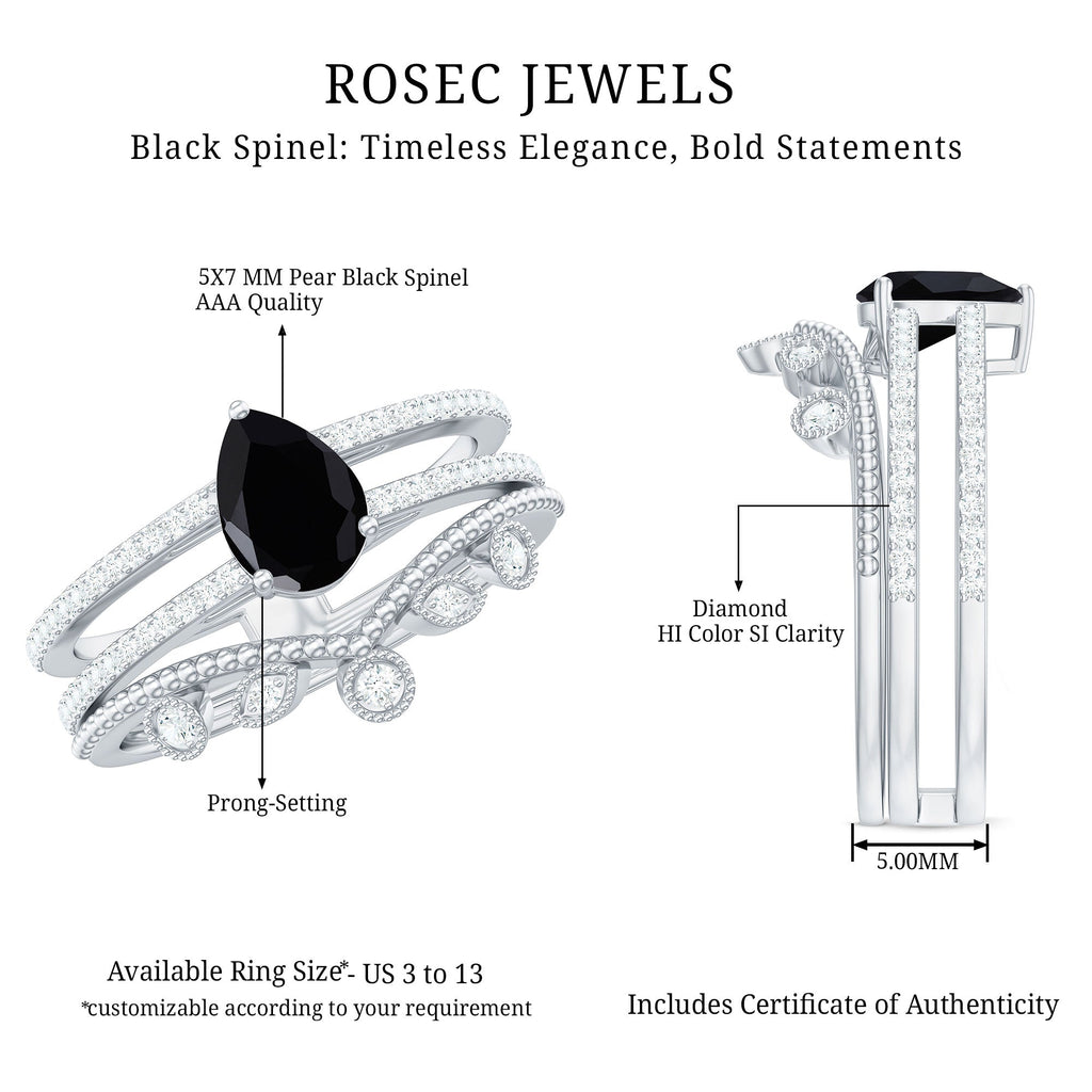 Vintage Style Black Spinel Diamond Wedding Ring Set for Women