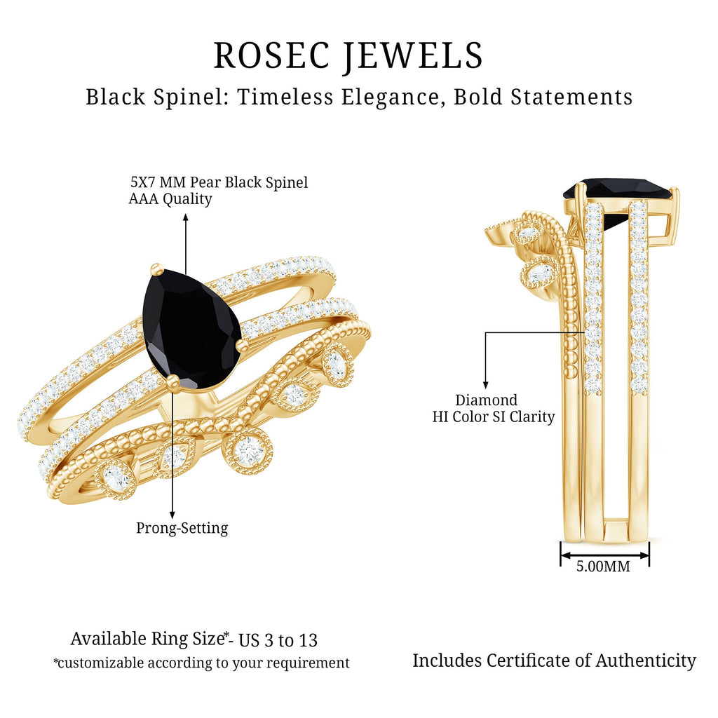 Vintage Style Black Spinel Diamond Wedding Ring Set for Women
