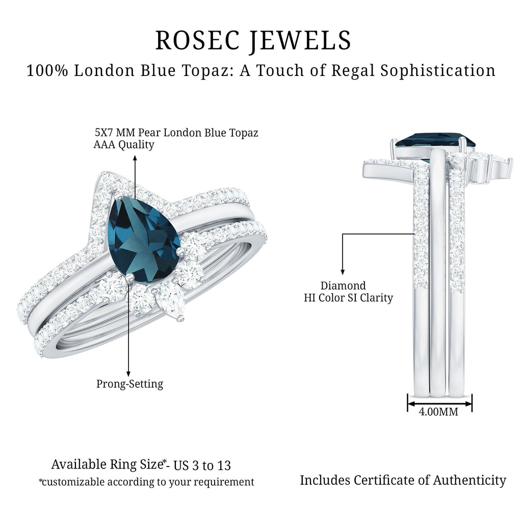 Pear Shape London Blue Topaz and Diamond Trio Ring Set