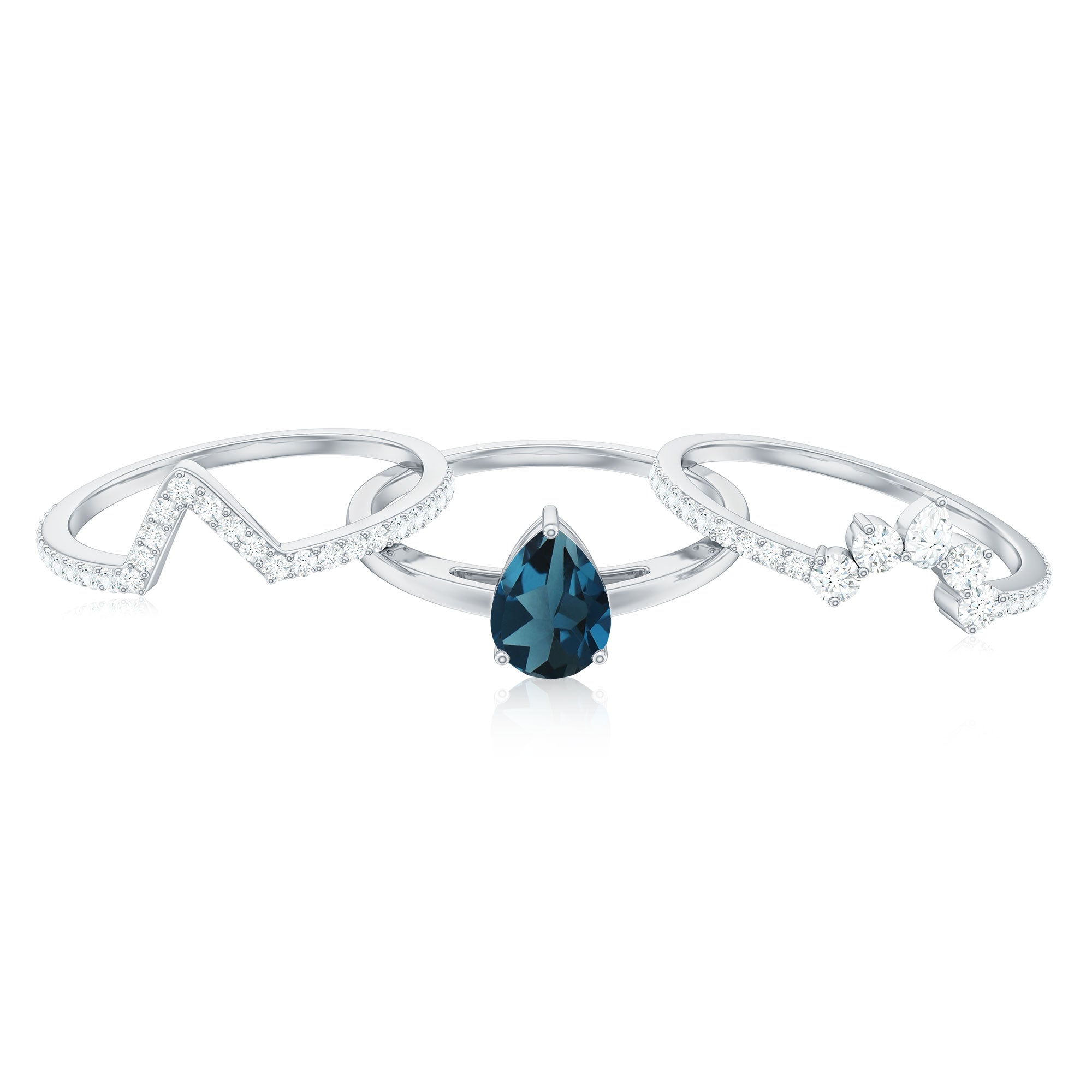 Pear Shape London Blue Topaz and Diamond Trio Ring Set