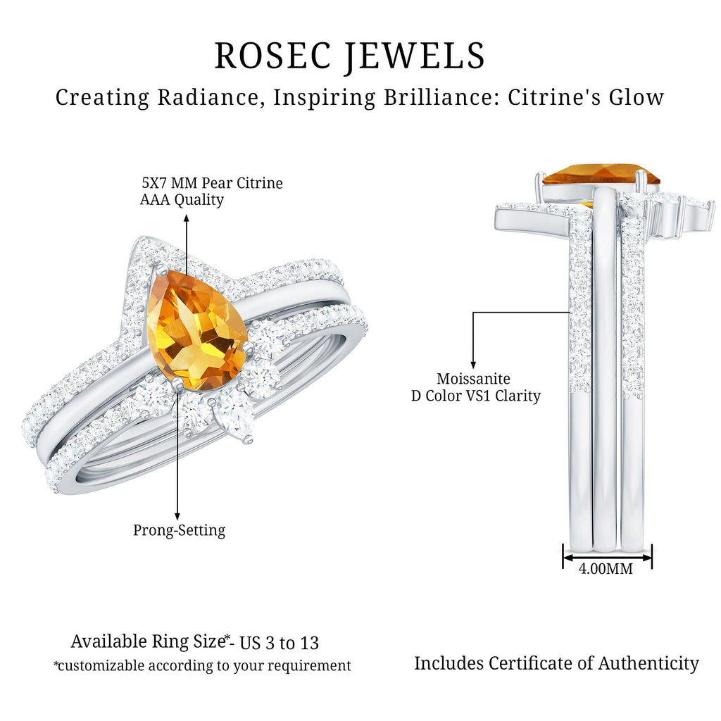 Natural Pear Shape Citrine Wedding Bridal Ring Set of 3 with Certificate