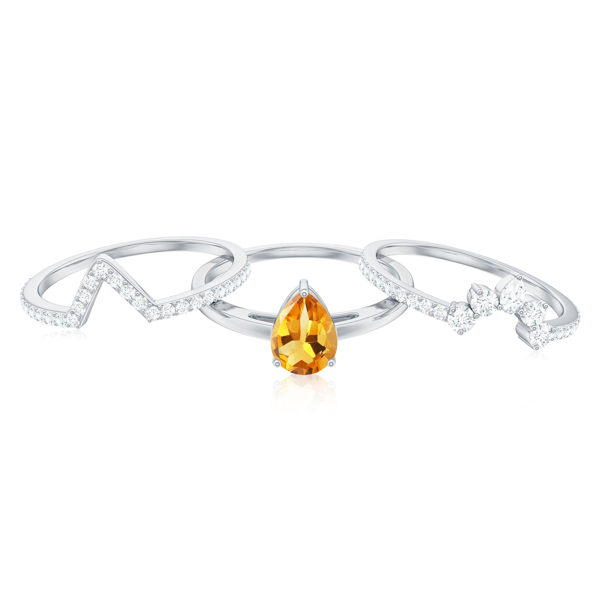 Natural Pear Shape Citrine Wedding Bridal Ring Set of 3 with Certificate