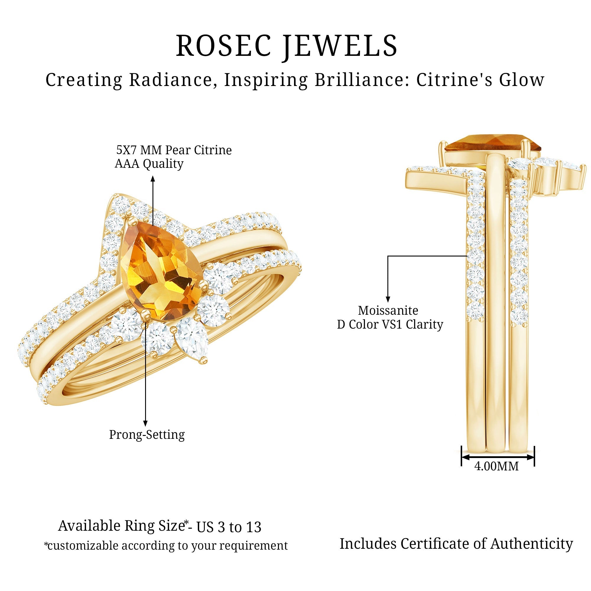 Natural Pear Shape Citrine Wedding Bridal Ring Set of 3 with Certificate
