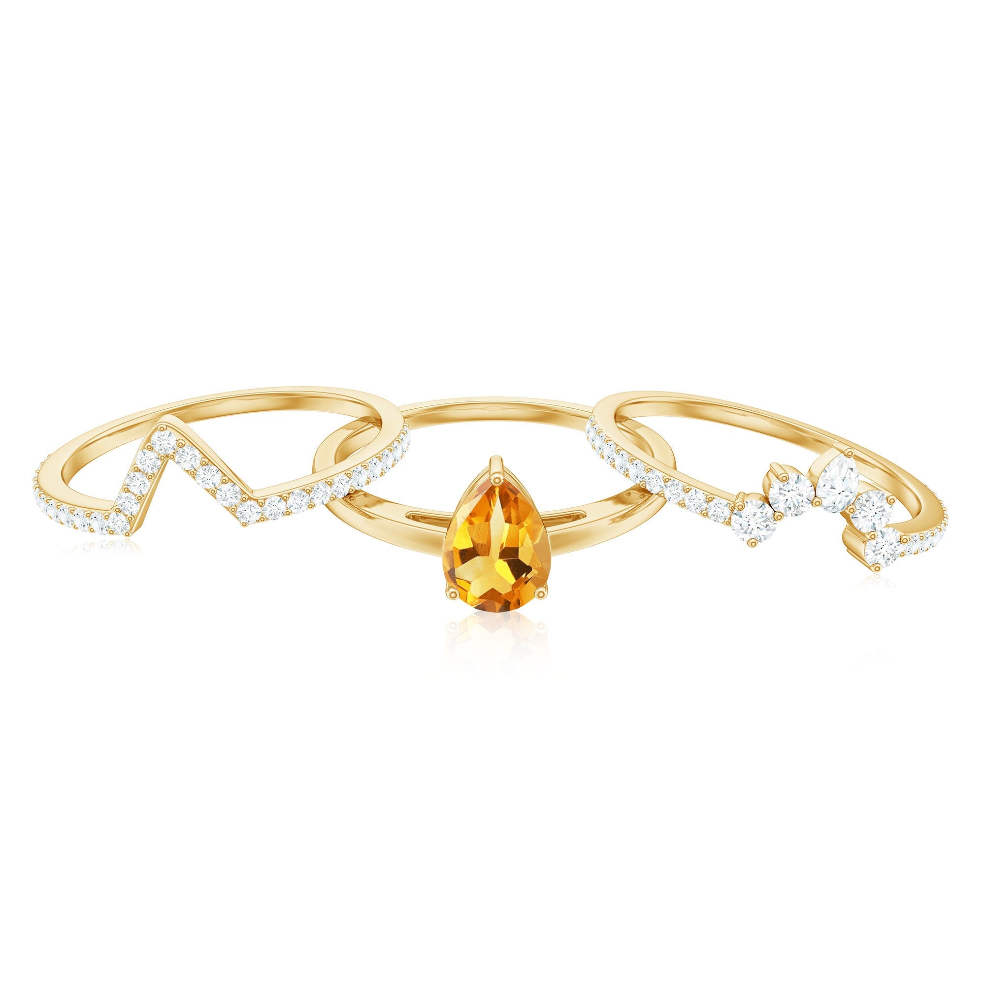 Natural Pear Shape Citrine Wedding Bridal Ring Set of 3 with Certificate