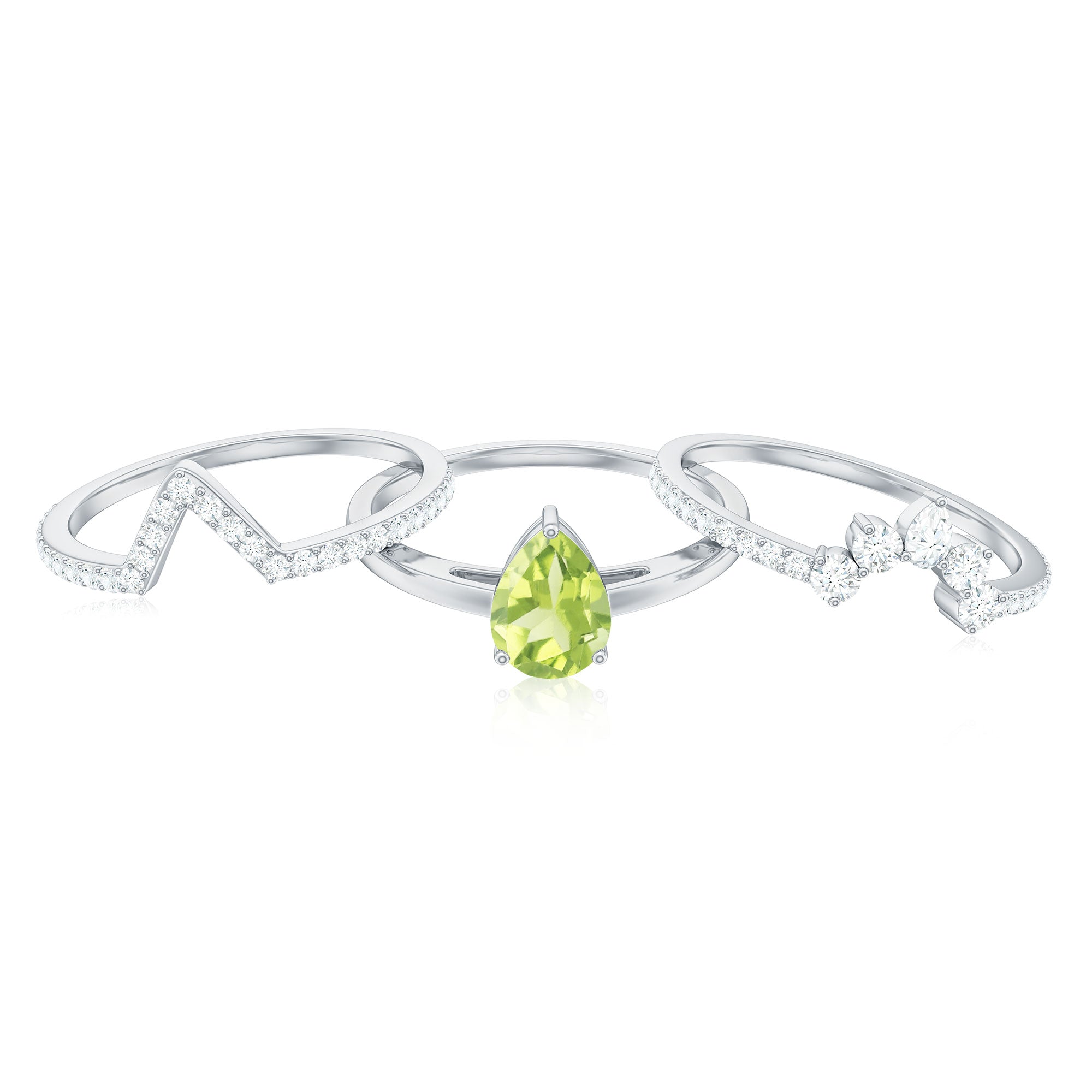 Certified Real 1 Carat Peridot Trio Wedding Ring Set with Moissanite
