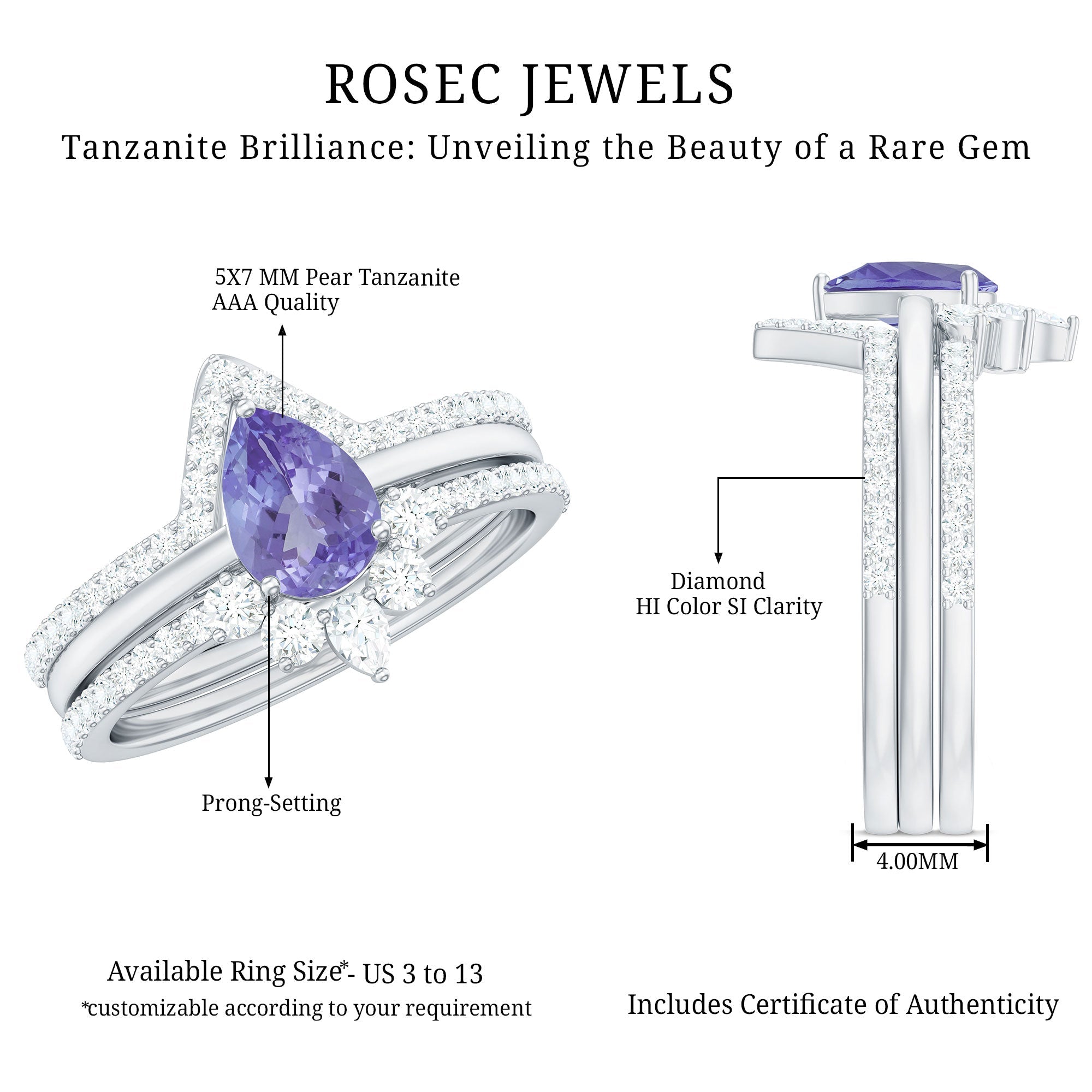 Natural Tanzanite Diamond 3 Piece Wedding Ring Set