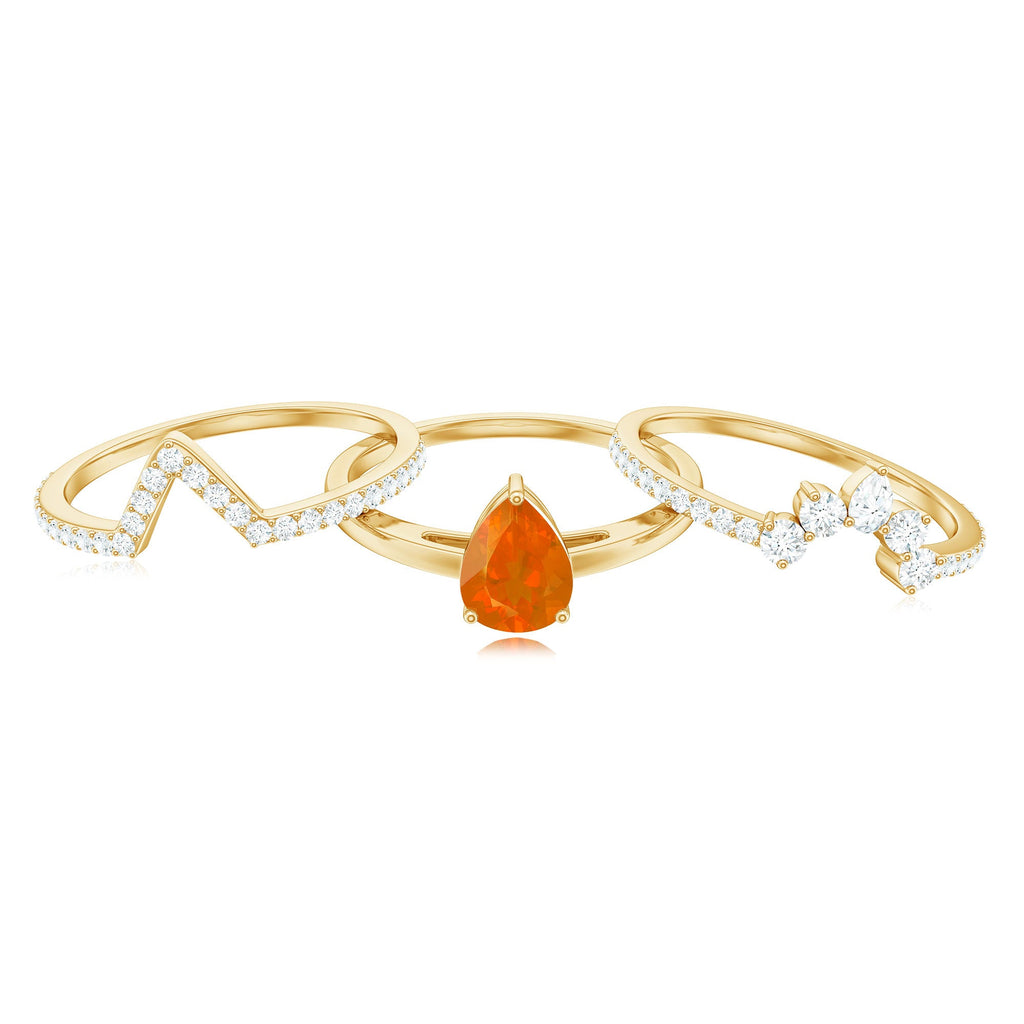 Pear Cut Fire Opal Trio Wedding Ring Set with Moissanite
