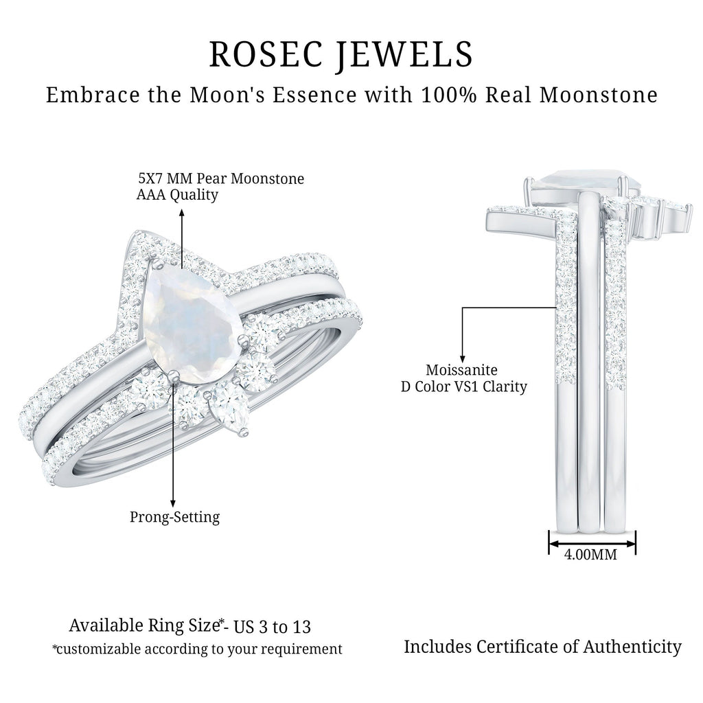 Pear Cut Moonstone Trio Wedding Ring Set with Moissanite