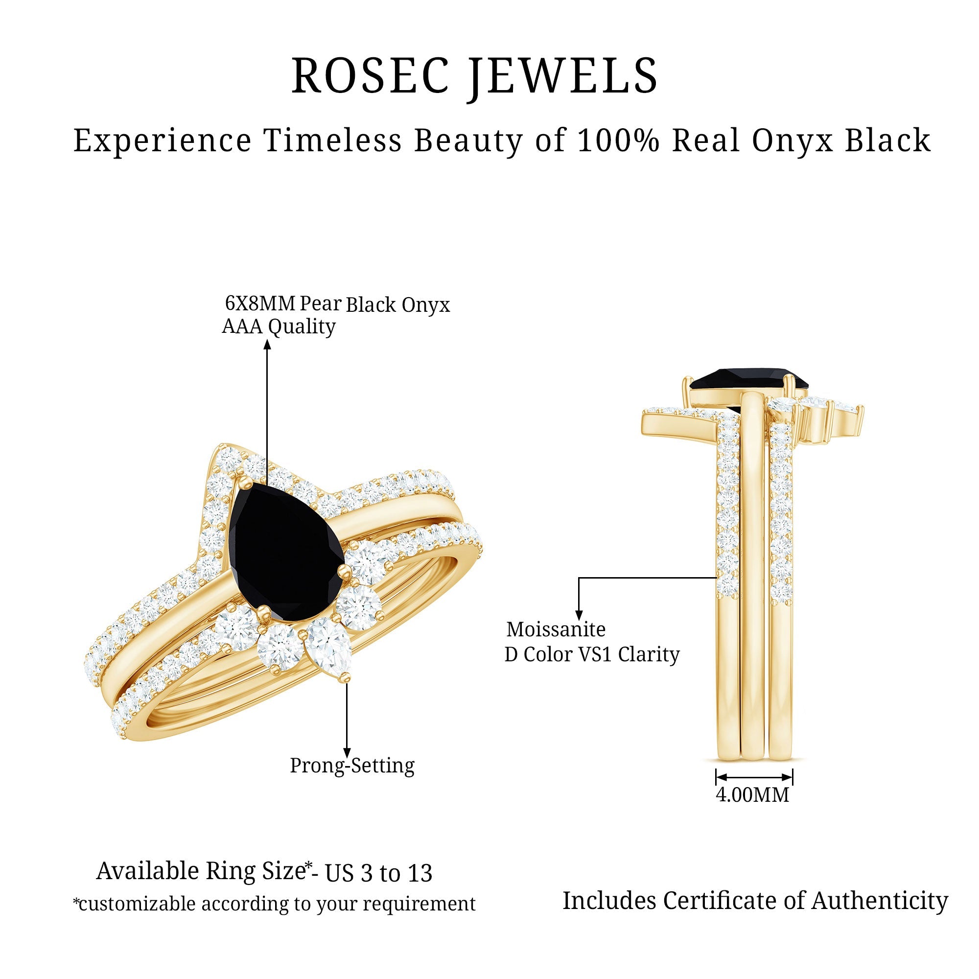6X8mm Pear Shaped Black Onyx Engagement Ring With Ring Guards