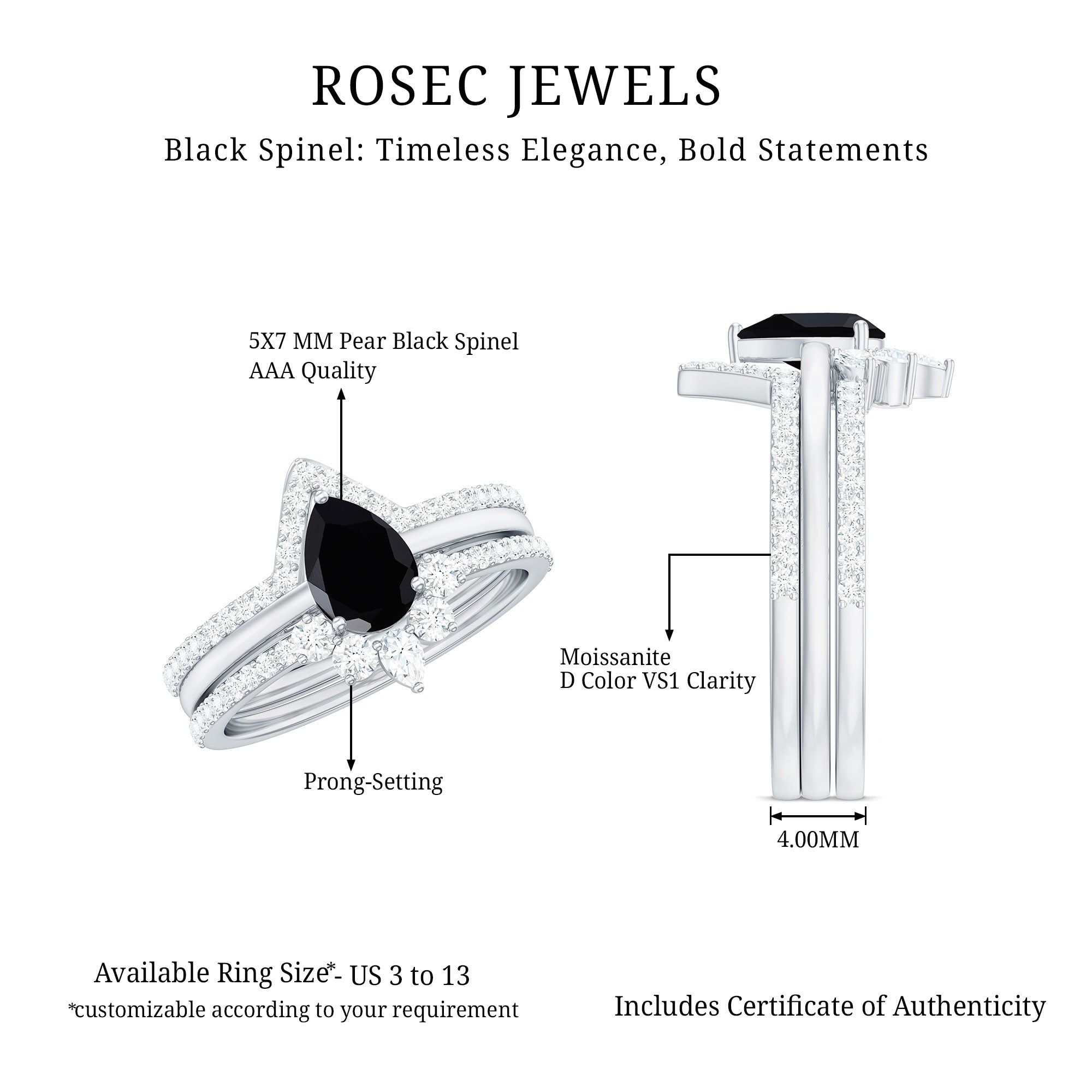 Certified Natural Black Spinel 3 Piece Wedding Ring Set with Moissanite