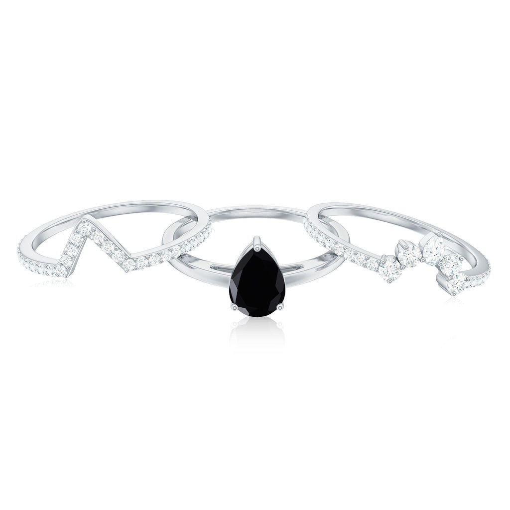 Certified Natural Black Spinel 3 Piece Wedding Ring Set with Moissanite