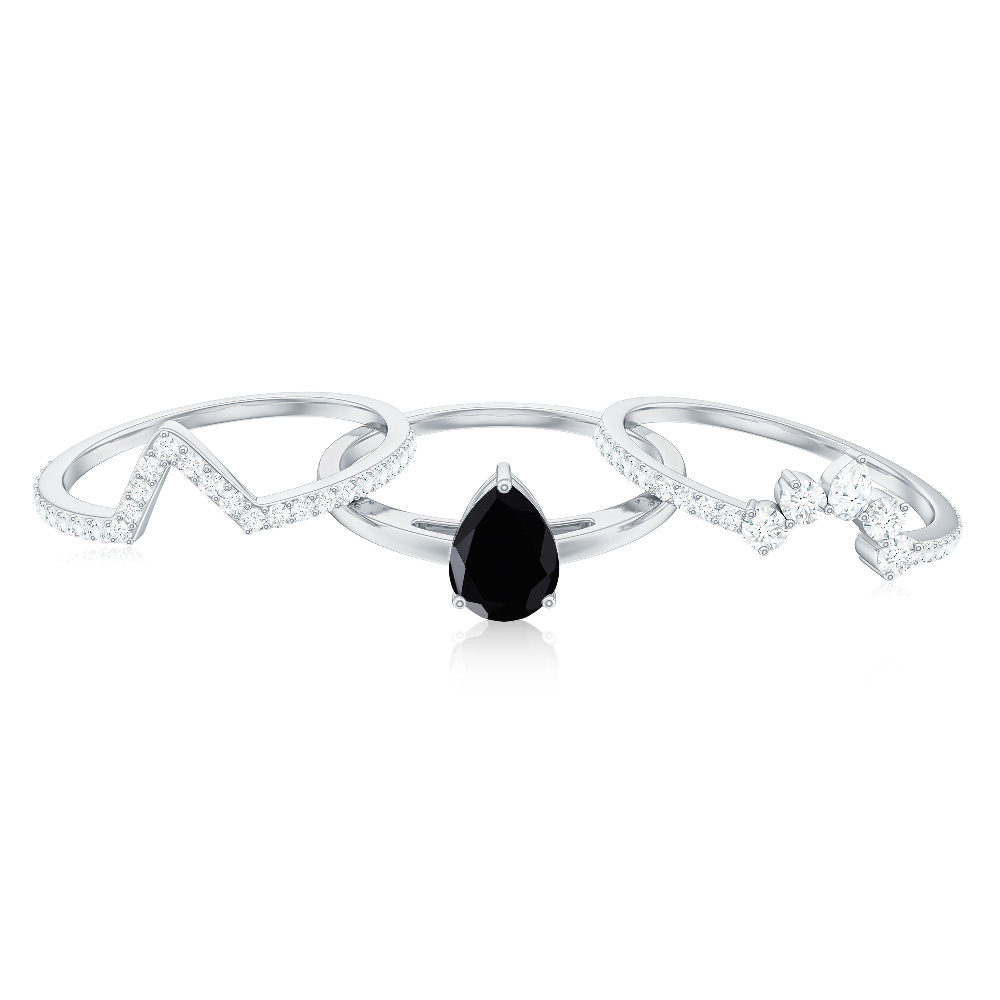 Certified Natural Black Spinel 3 Piece Wedding Ring Set with Moissanite