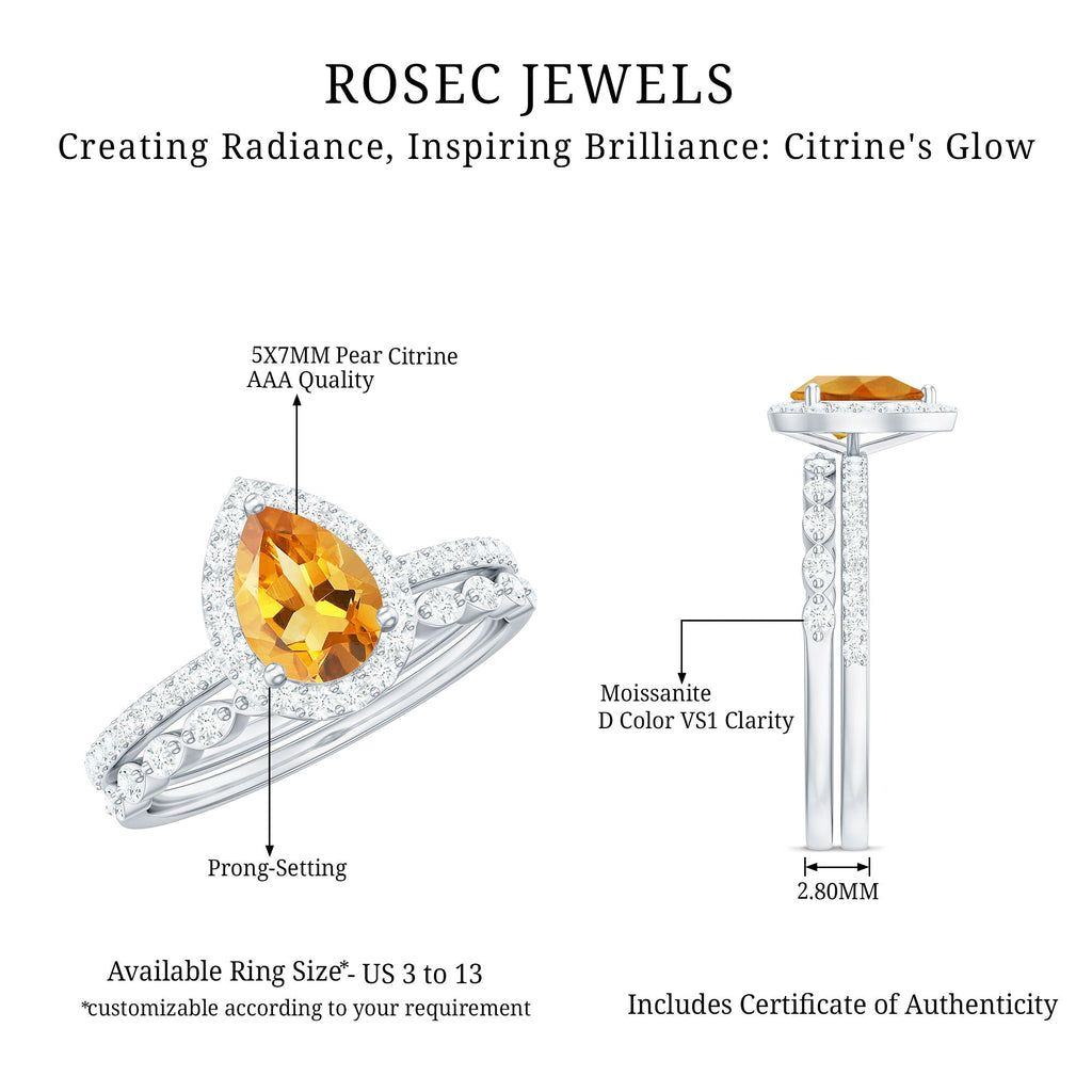 Teardrop Citrine Bridal Ring Set with Moissanite