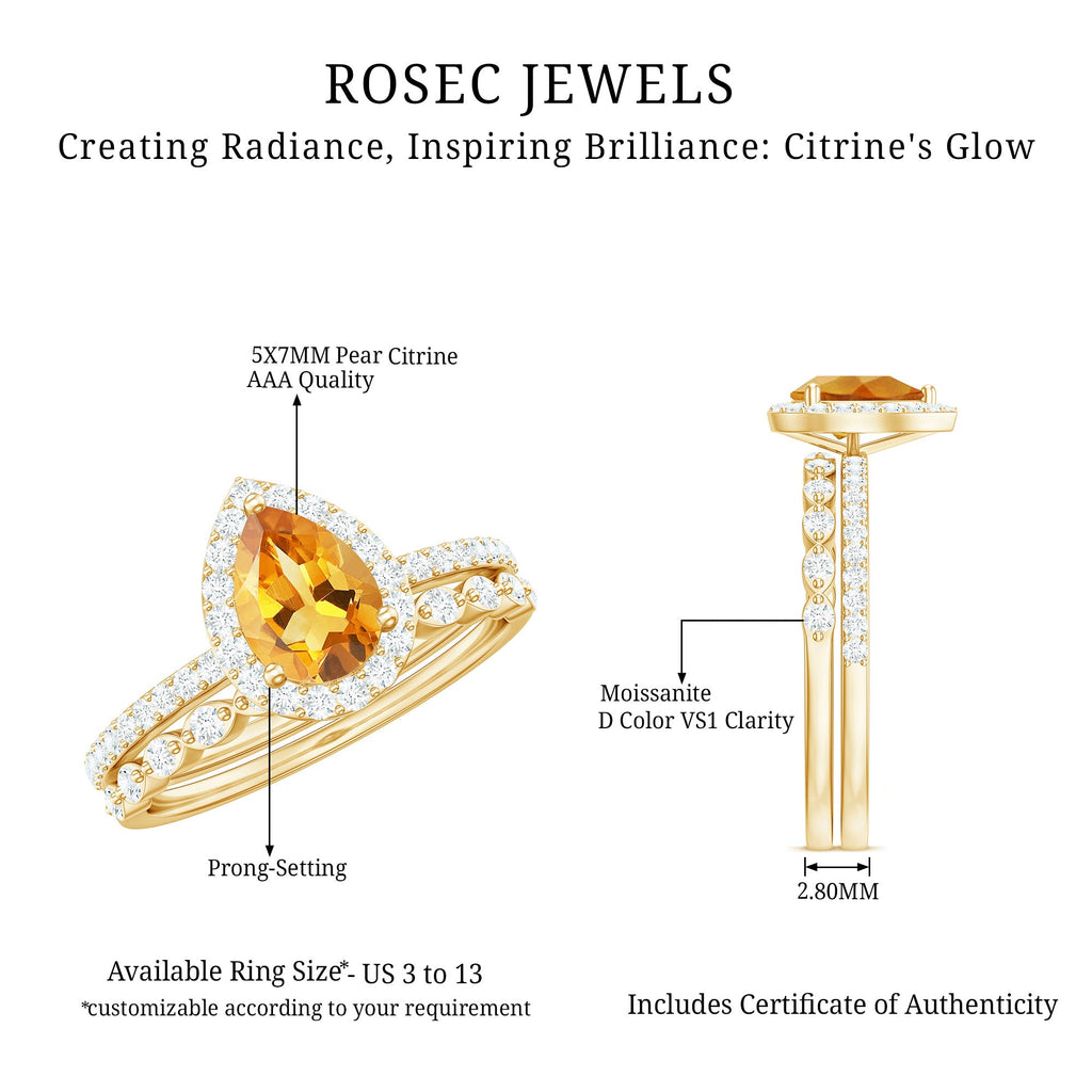 Teardrop Citrine Bridal Ring Set with Moissanite