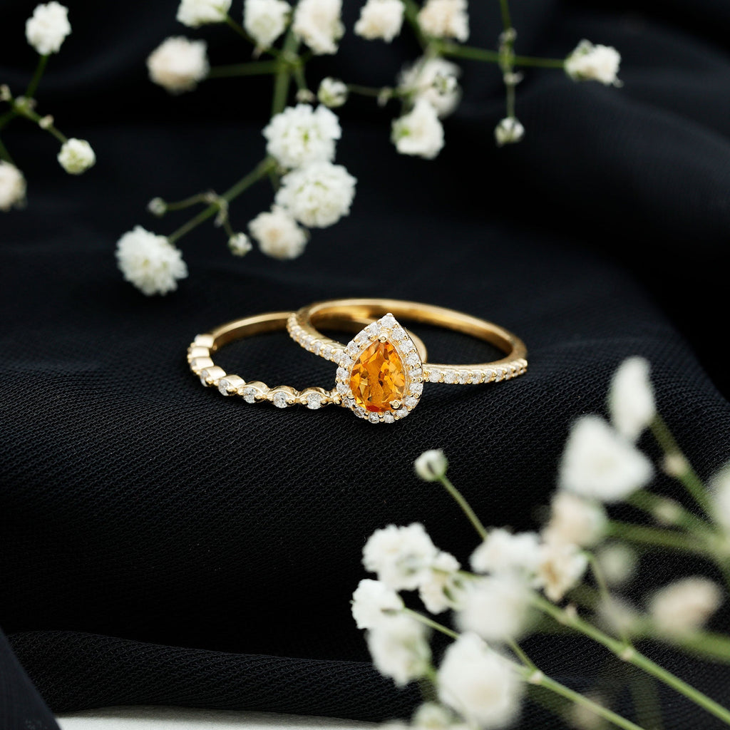 Teardrop Citrine Bridal Ring Set with Moissanite