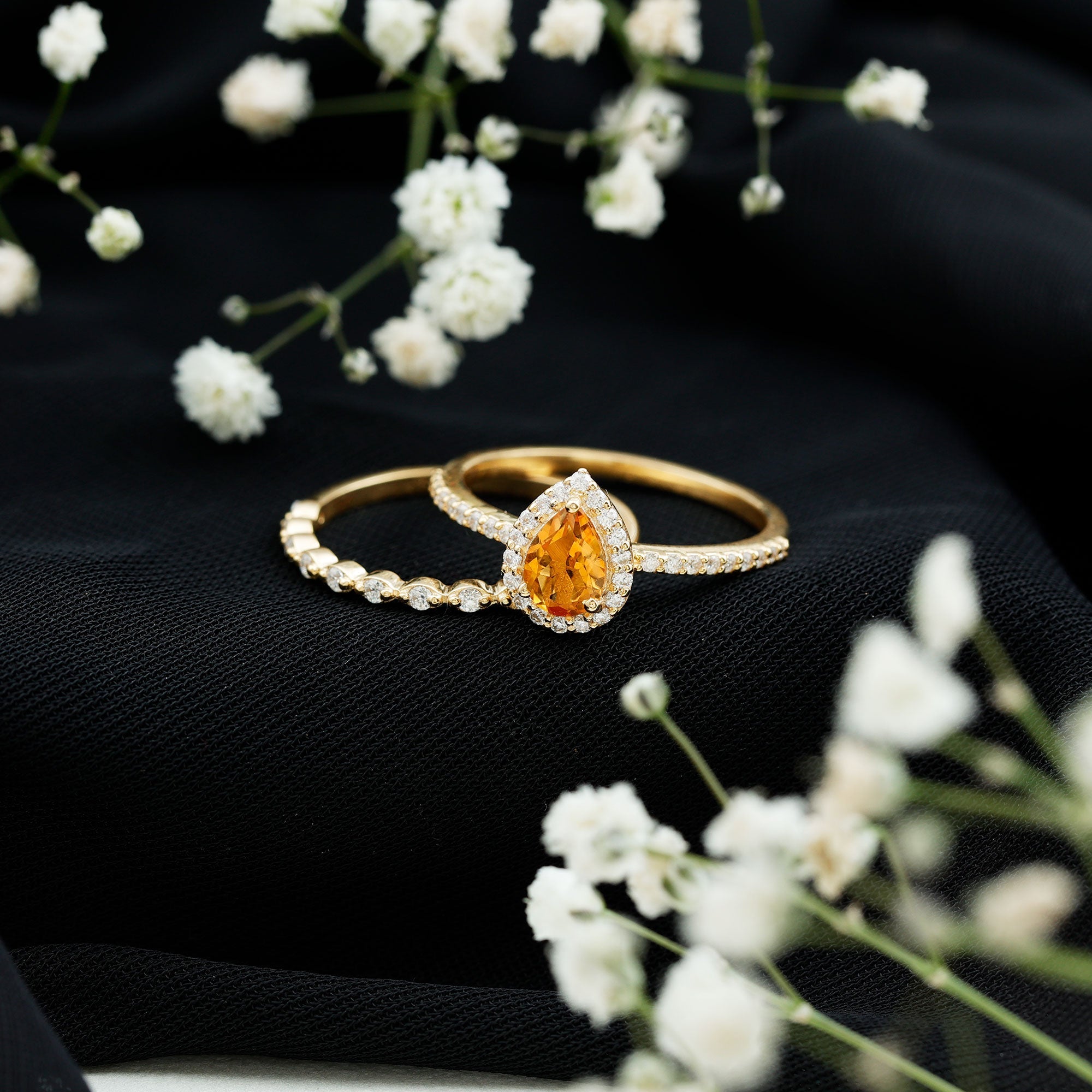 Teardrop Citrine Bridal Ring Set with Moissanite