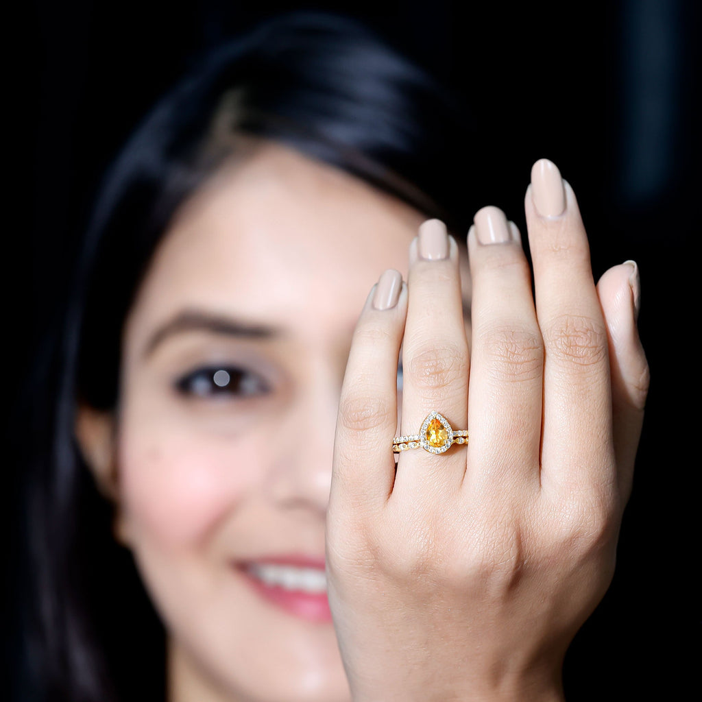Teardrop Citrine Bridal Ring Set with Moissanite